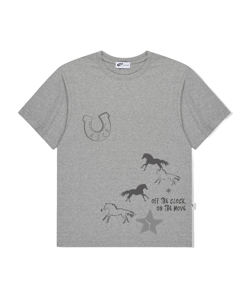 E261OTS030GR Escapefrom Move Horse Print Oversized Short Sleeve T-Shirt Grey