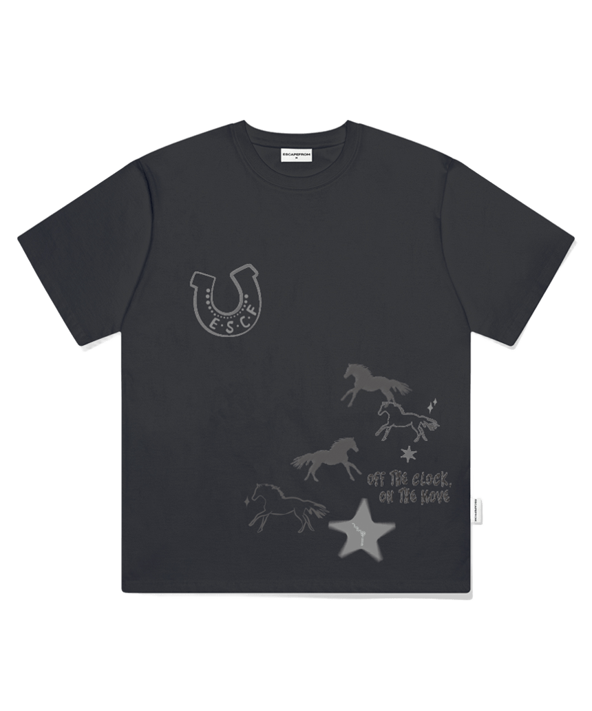 E261OTS031CG Escapefrom Move Horse Print Oversized Short Sleeve T-Shirt Charcoal