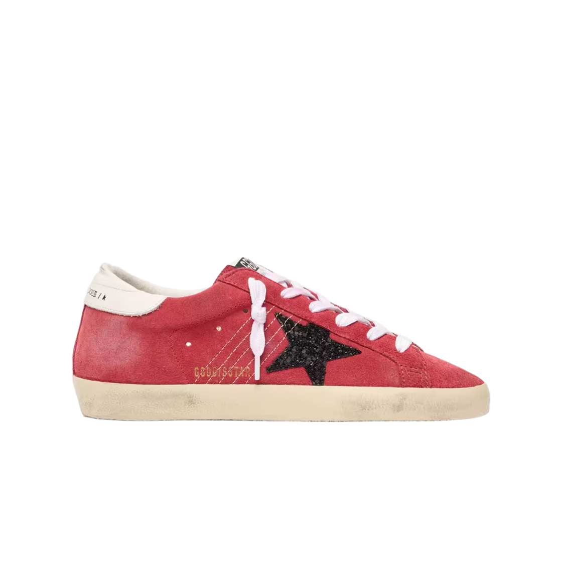GWF00101-F007203-40525 (W) Golden Goose Superstar Silver Glitter Star White Leather Heel Tab Red