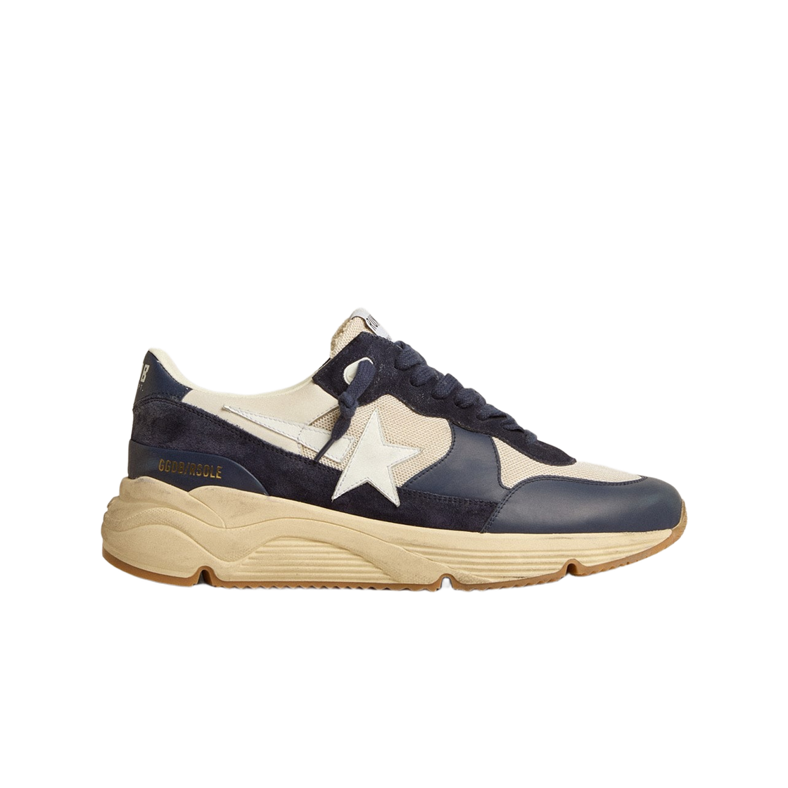 GMF00671-F005279-50823 Golden Goose Running Sole with White Leather Star Cream Mesh Blue Leather Sneakers Cream Blue
