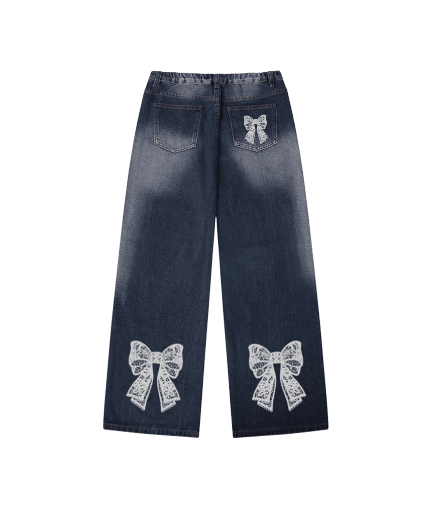 E261DP019DB Escapefrom Lace Ribbon Print Banded Washed Denim Pants Deep Blue
