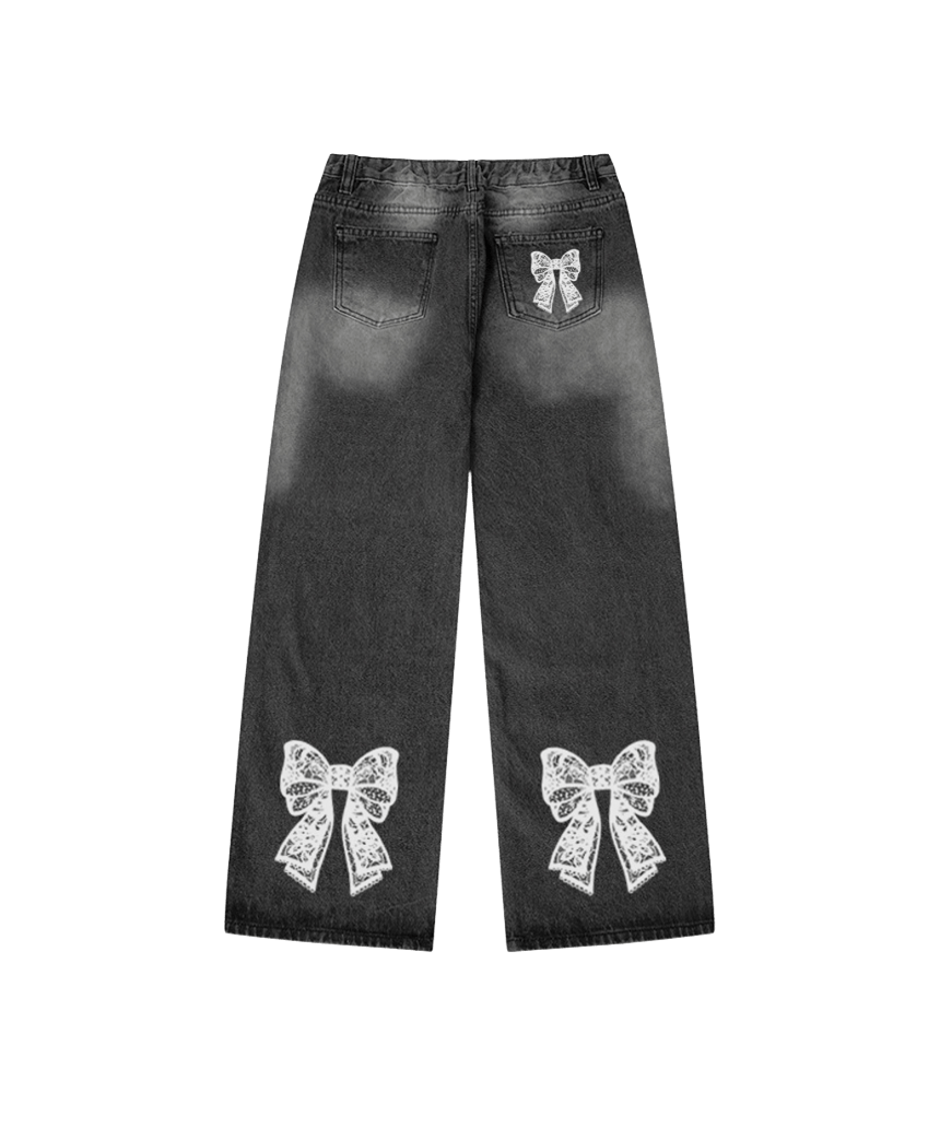 E261DP017BK Escapefrom Lace Ribbon Print Banded Washed Denim Pants Black Denim