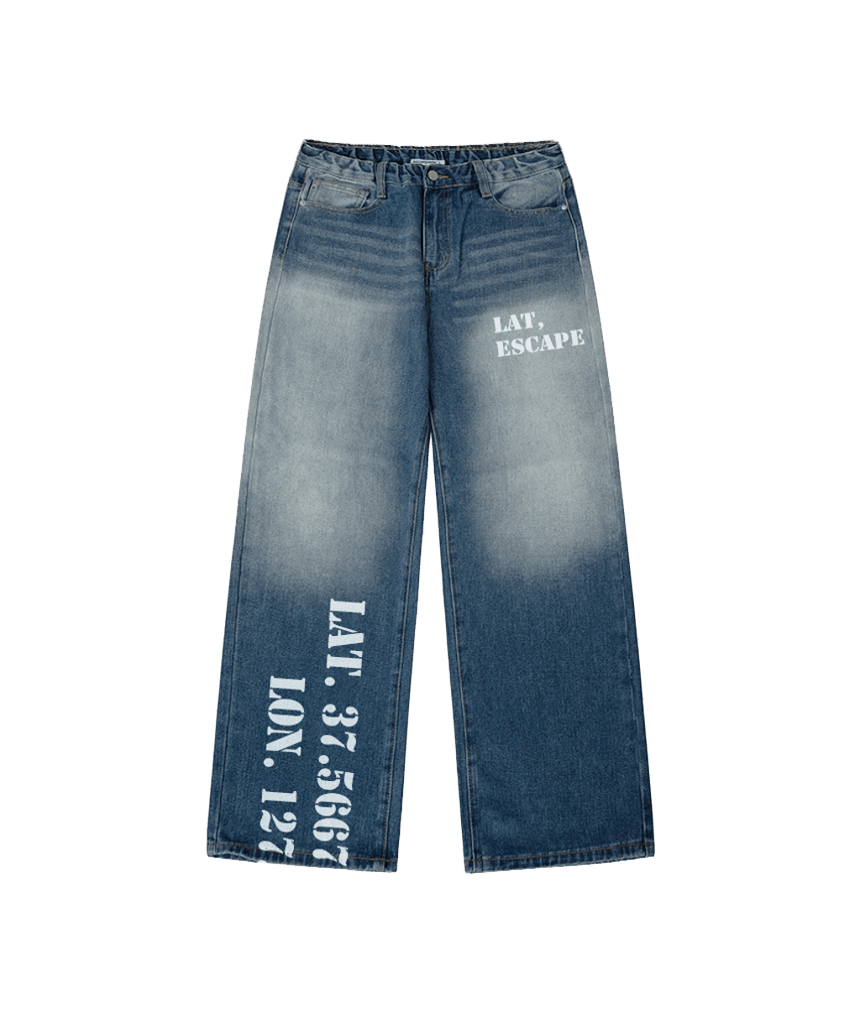 E261DP010BL Escapefrom Lat.Lon Print Banded Washed Denim Pants Medium Blue