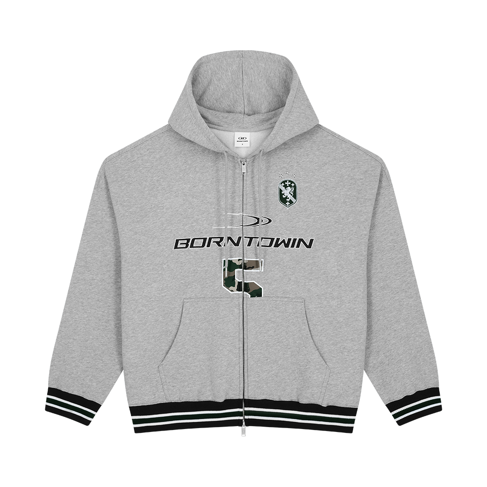 본투윈 넘버 5 럭비 후디 집업 멜란지그레이(BORN TO WIN Number 5 Rugby Hoodie Zip-Up Melange Grey)