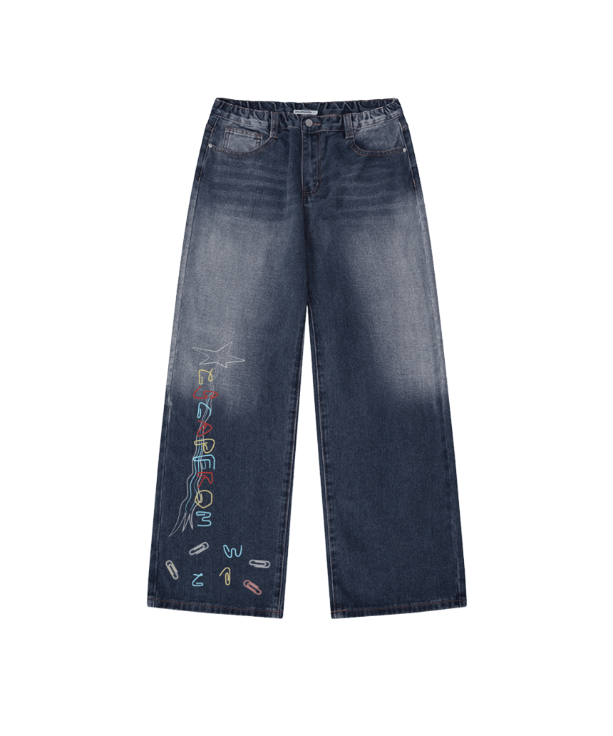 E261DP023DB Escapefrom Warrr Clips Print Banded Washed Denim Pants Deep Blue