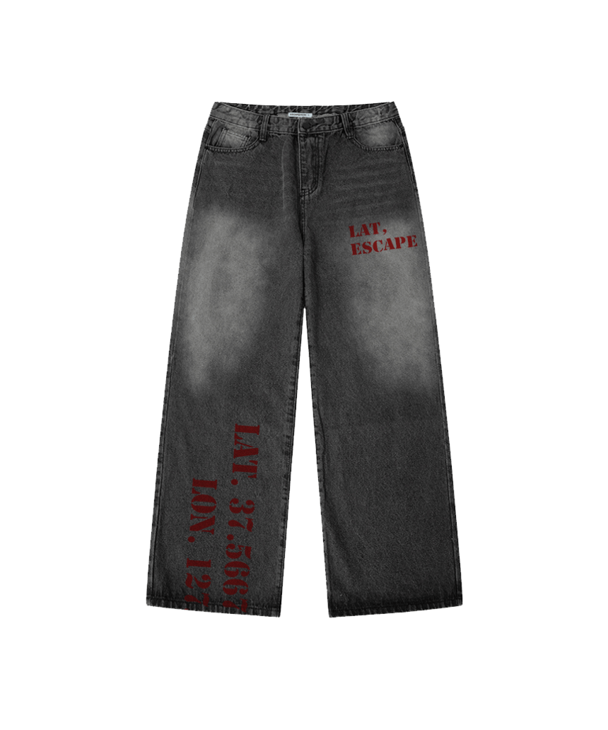 E261DP012BK Escapefrom Lat.Lon Print Banded Washed Denim Pants Black Denim