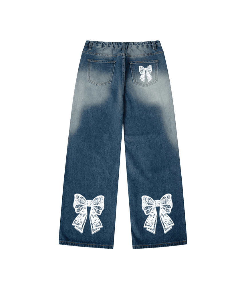 E261DP018BL Escapefrom Lace Ribbon Print Banded Washed Denim Pants Medium Blue