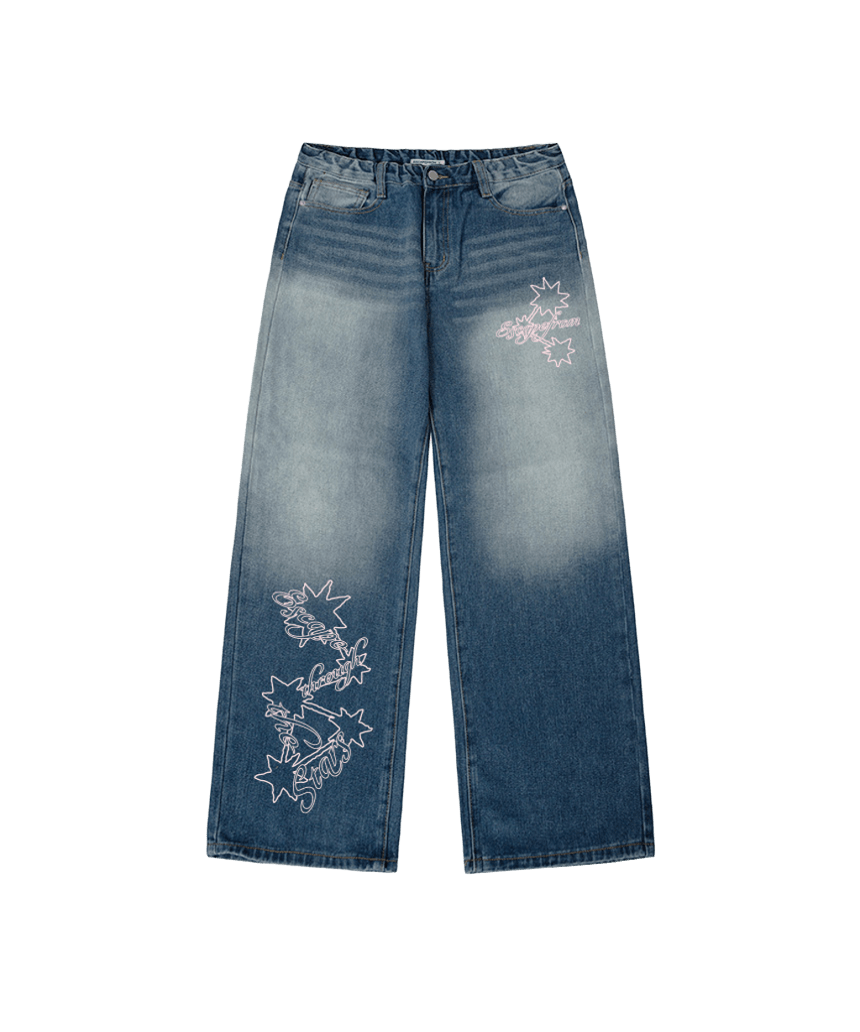 E261DP014BL Escapefrom Linked Star Print Banded Washed Denim Pants Medium Blue