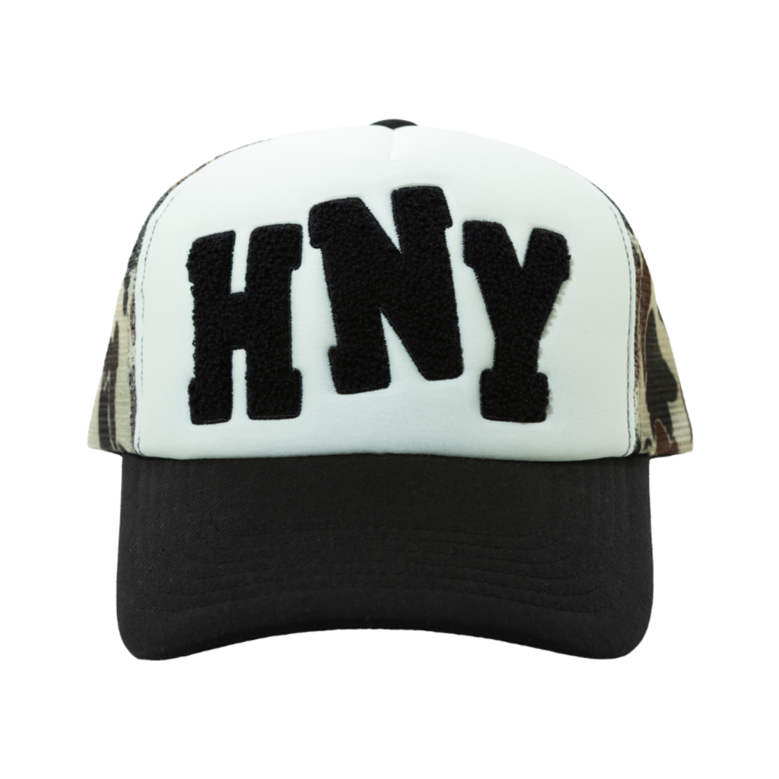 허니스쿱하우스 HNY 로고 트러커 캡 카모(Honey Scoop House HNY Logo Trucker Cap Camo)