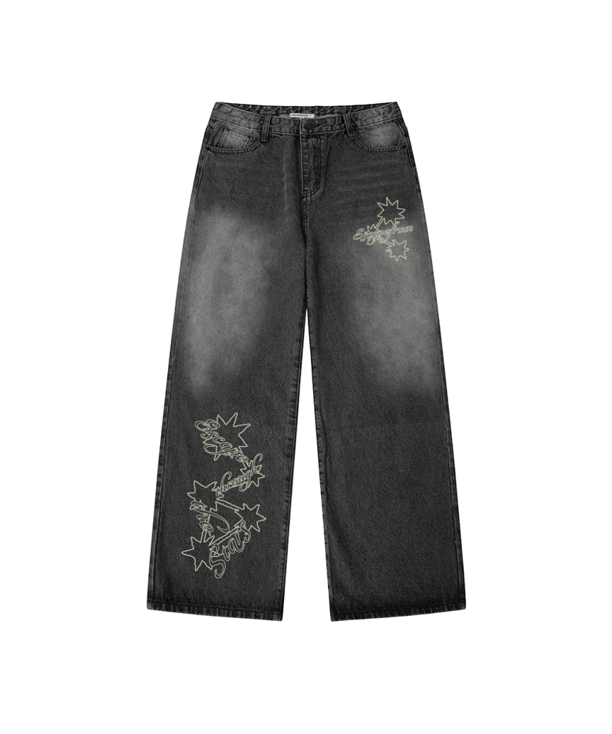 E261DP016BK Escapefrom Linked Star Print Banded Washed Denim Pants Black Denim