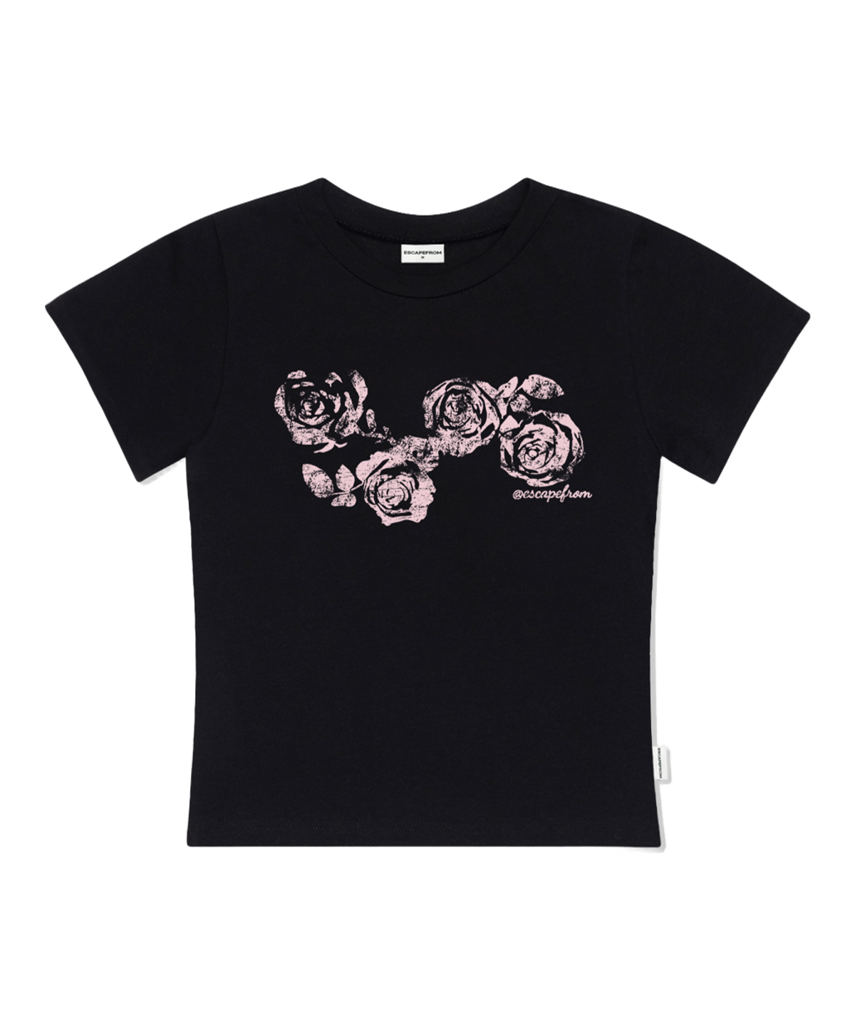 E261STS010BK Escapefrom Lying Rose Print Slim Fit Short Sleeve T-Shirt Black