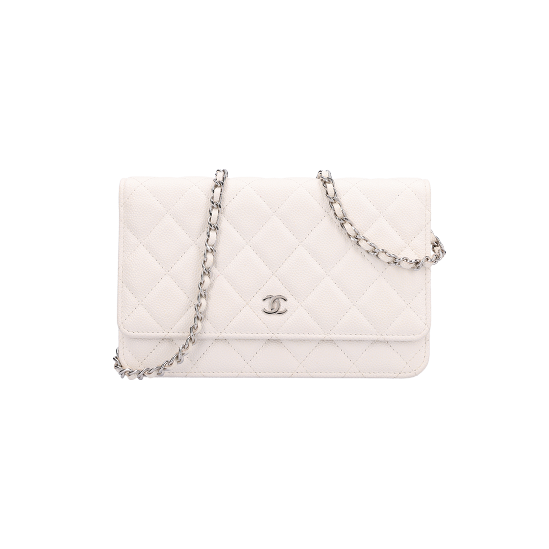 샤넬 AP0250 클래식 체인 지갑 그레인드 카프스킨 화이트 & 실버(Chanel AP0250 Classic Chain Wallet in Grained Calfskin White & Silver)