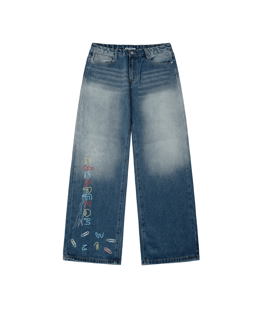 E261DP022BL Escapefrom Warrr Clips Print Banded Washed Denim Pants Medium Blue