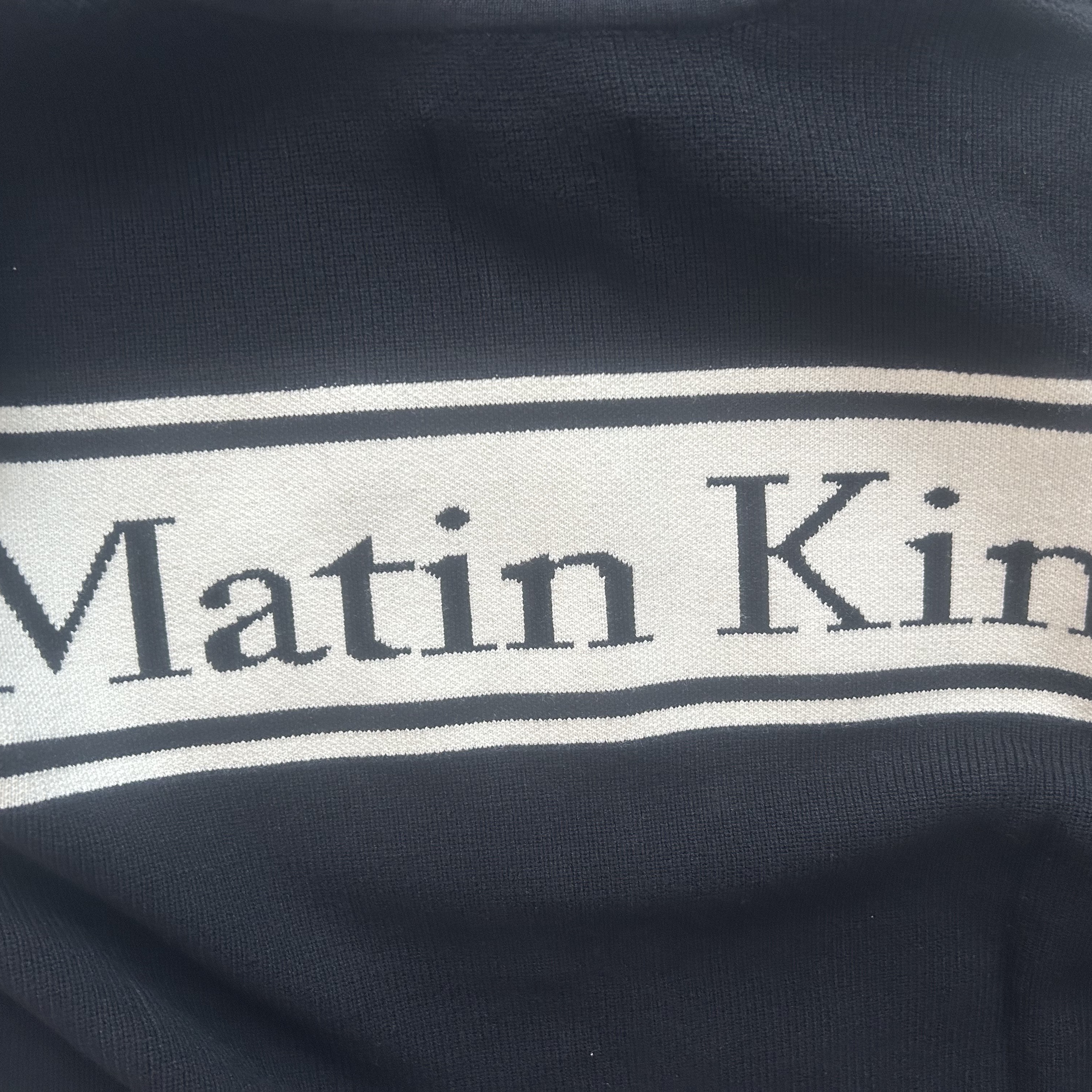Matin Kim Spell Point Stripe Knit Cardigan Black 착용 스타일