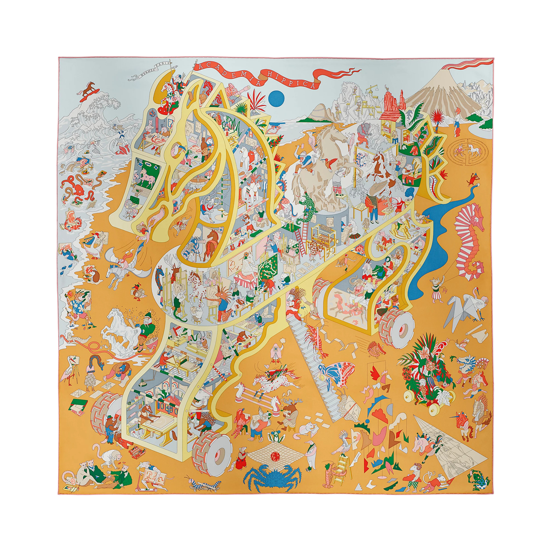 H004281S07 (W) Hermes Academia Hippica Scarf 90 & Bleu Ciel Jaune Multicolore