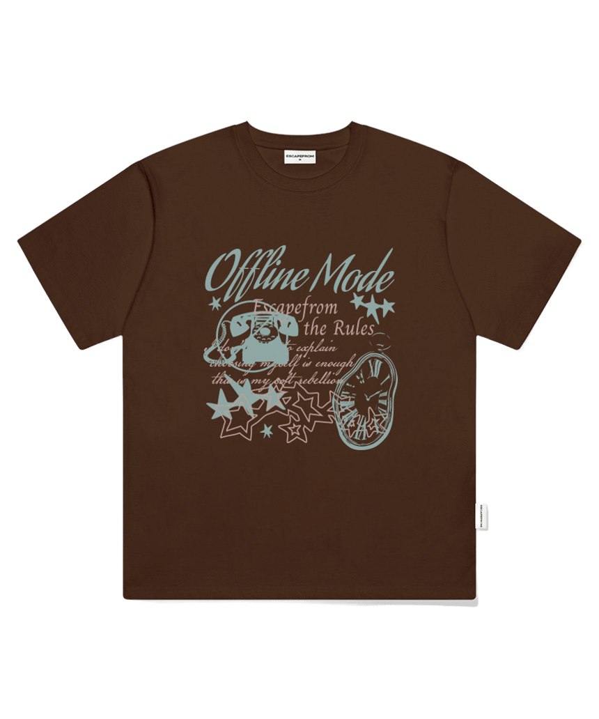 E261OTS025BW Escapefrom Offline Mode Print Oversized Short Sleeve T-Shirt Brown