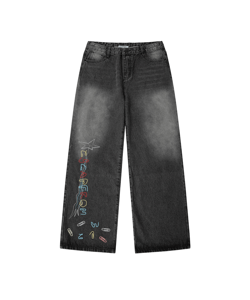 E261DP024BK Escapefrom Warrr Clips Print Banded Washed Denim Pants Black Denim