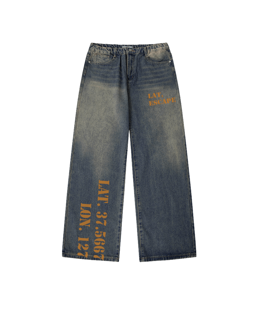 E261DP009VT Escapefrom Lat.Lon Print Banded Washed Denim Pants Vintage