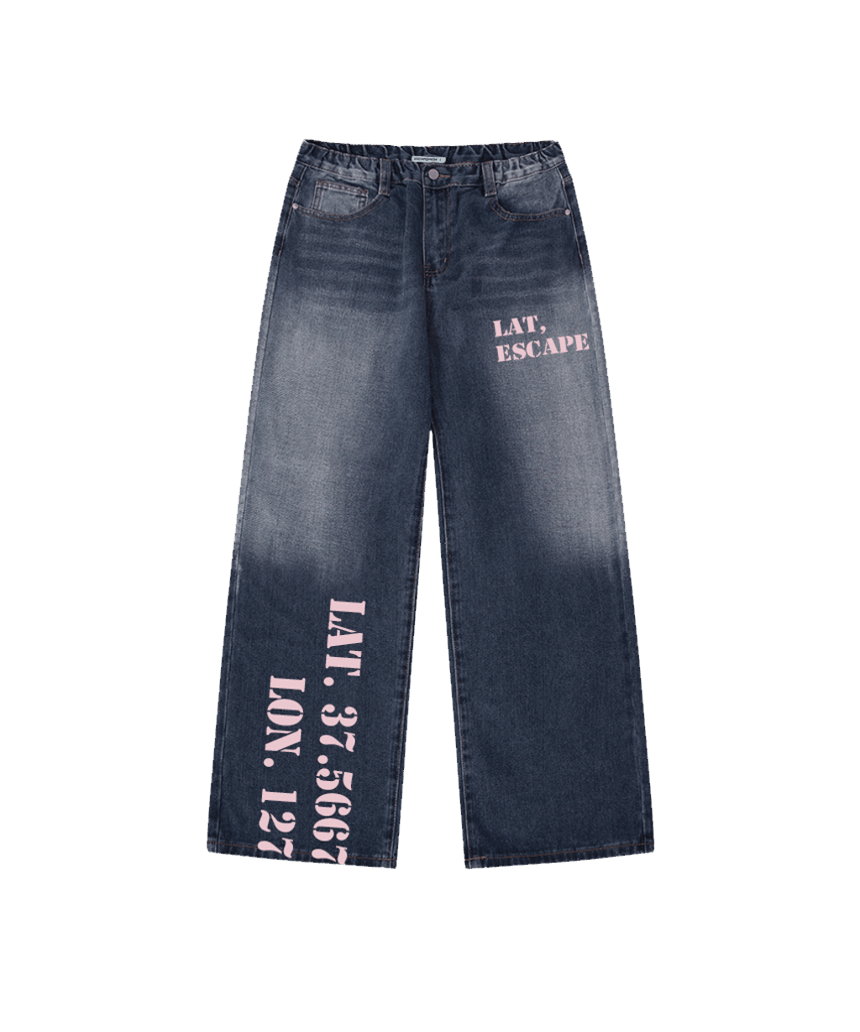 E261DP011DB Escapefrom Lat.Lon Print Banded Washed Denim Pants Deep Blue