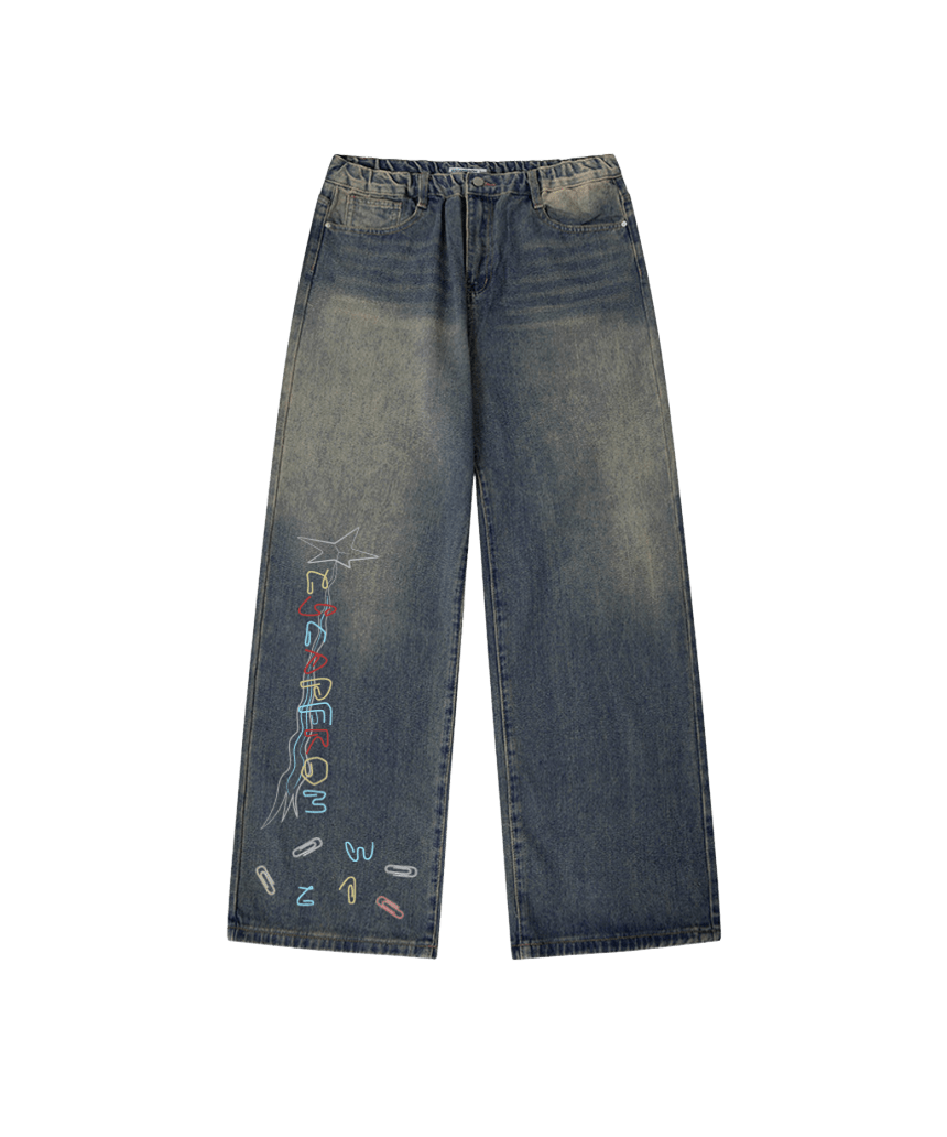 E261DP021VT Escapefrom Warrr Clips Print Banded Washed Denim Pants Vintage