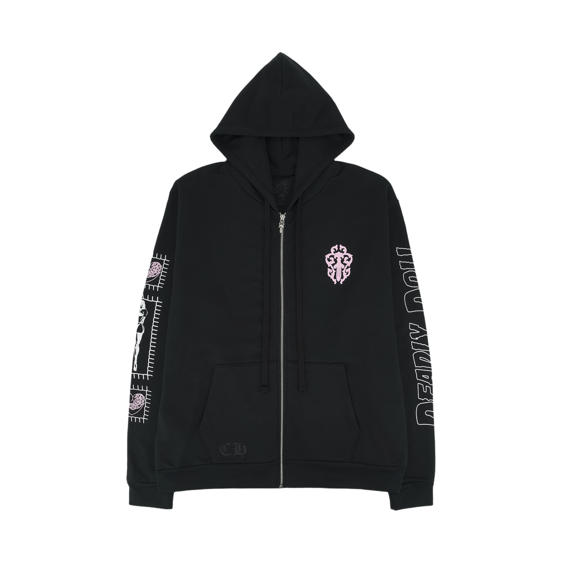 크롬하츠 데들리 돌 홀스슈 바인 대거 집업 후드 블랙(Chrome Hearts Deadly Doll Horse Shoe Vine Dagger Zip-Up Hoodie Black) - 2