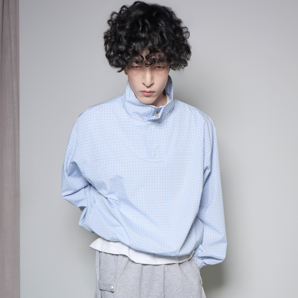 디스이즈파인 쿼터 집업 벌룬 풀오버 셔츠 블루체크(THIS IS FINE Quarter-Zip Balloon Pullover Sweatshirt Blue Check) - 3