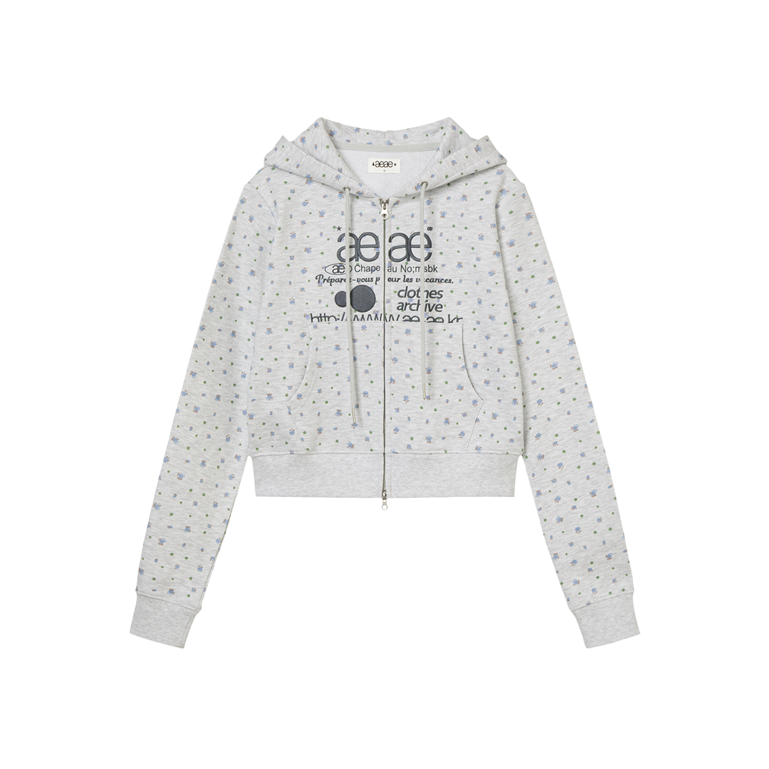 에이이에이이 웹 로고 플라워 크롭 후드 집업 블루(AEAE Web Logo Flower Crop Hood Zip Up Blue)
