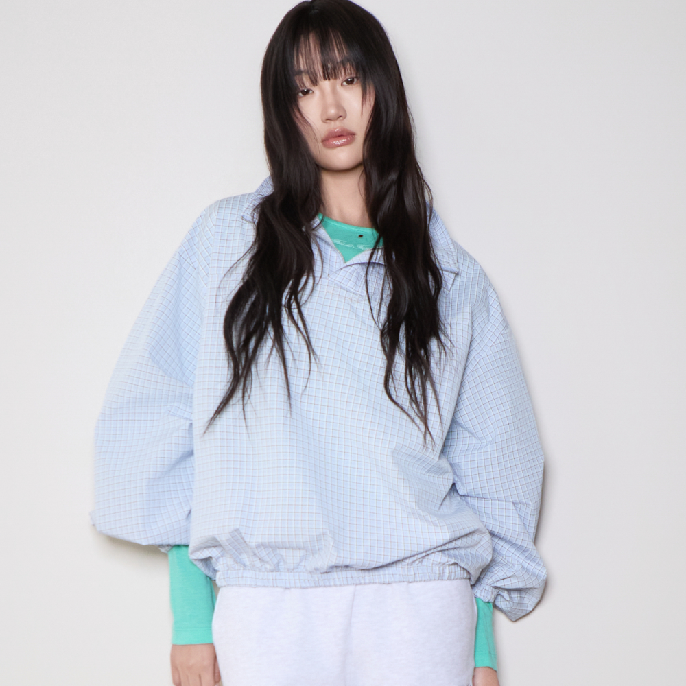 디스이즈파인 쿼터 집업 벌룬 풀오버 셔츠 블루체크(THIS IS FINE Quarter-Zip Balloon Pullover Sweatshirt Blue Check) - 2