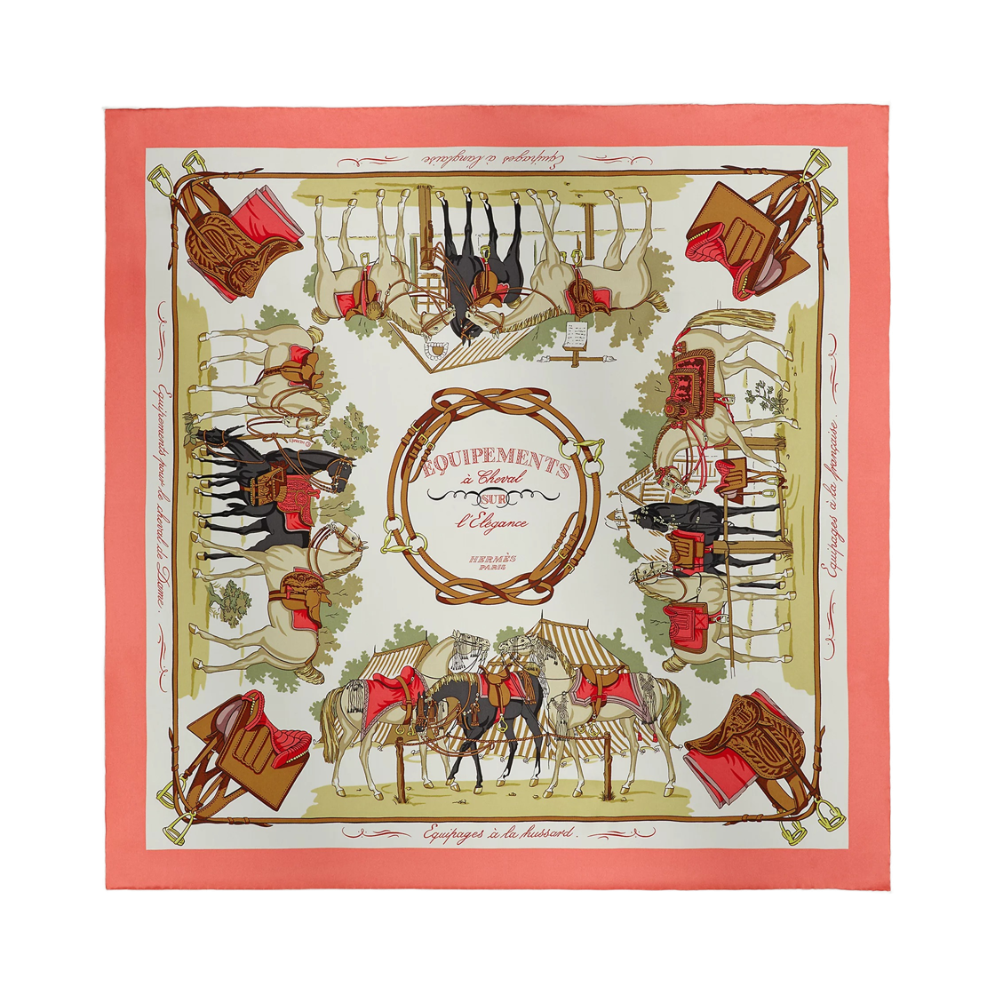 H984349S05 (W) Hermes Equipements A Cheval Sur L'Elegance Scarf 70 Silk & Rose Gris Perle Beige Dore