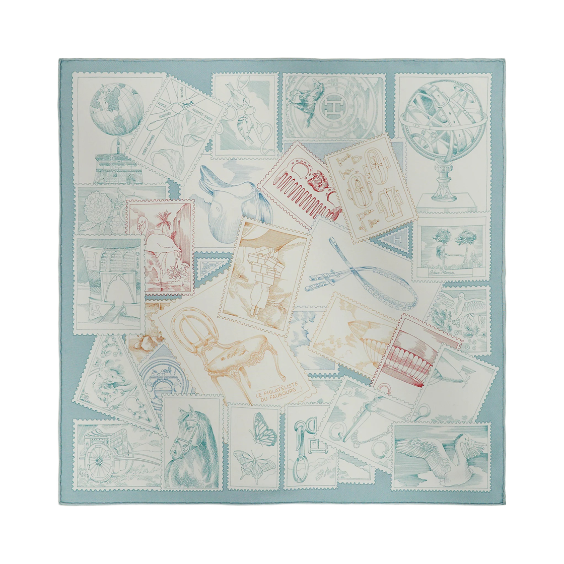 (W) 에르메스 르 필라뗄리스트 뒤 포부르 스카프 45 실크 트윌 & 블루 글라시에 블랑 베쥬((W) Hermes Le Philateliste Du Faubourg Scarf 45 Silk Twill & Bleu Glacier Blanc Beige) - 1