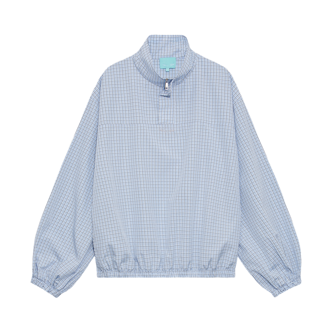 디스이즈파인 쿼터 집업 벌룬 풀오버 셔츠 블루체크(THIS IS FINE Quarter-Zip Balloon Pullover Sweatshirt Blue Check)
