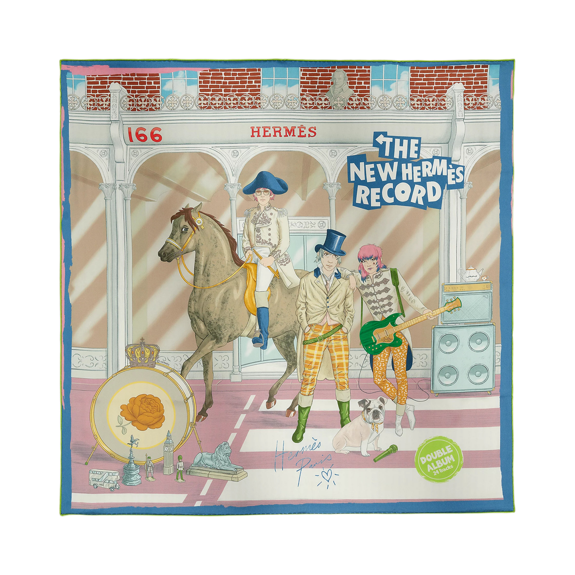 H984329S03 (W) Hermes The New Hermes Record Scarf 70 Silk & Vieux Rose Marron Glace Gris