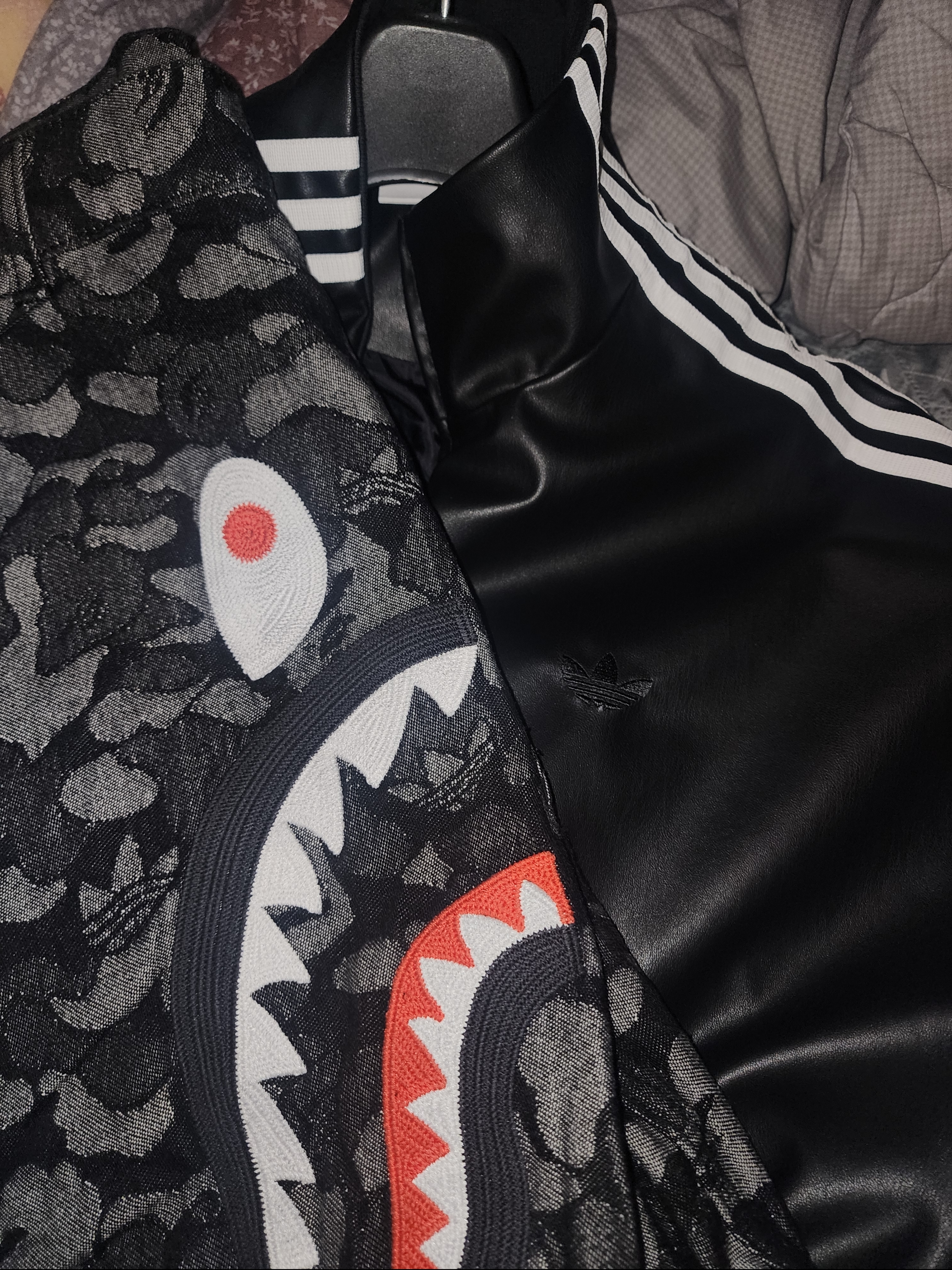 Adidas Pleather 3S Track Top Black - KR Sizing, Adidas x BAPE Shark Denim Shorts Black - US Sizing 착용 스타일