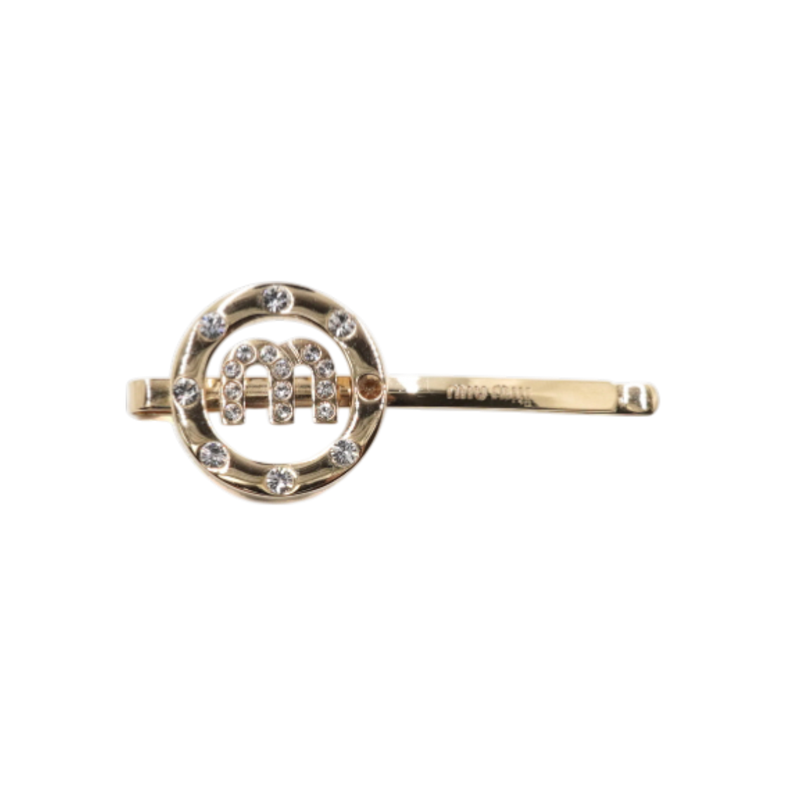 미우미우 5IF074 금장 크리스탈 로고 헤어클립 머리핀aa61560(Miu Miu Gold Crystal Logo Hair Clip)