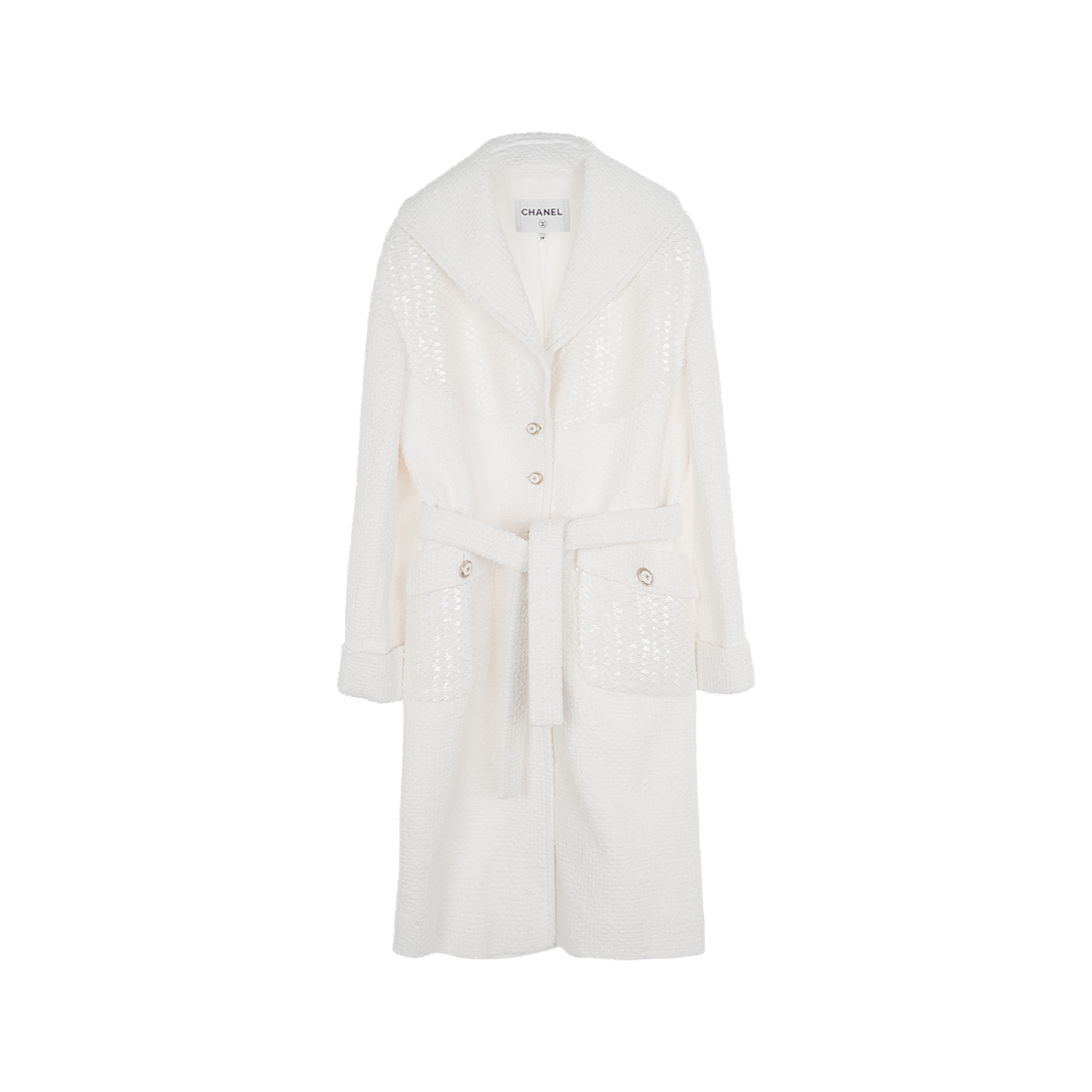 샤넬 26C 판타지아 시퀸 트위드 코트 38 화이트(6ET0490)(Chanel 26C Fantasia Sequin Tweed Coat 38 White (6ET0490))