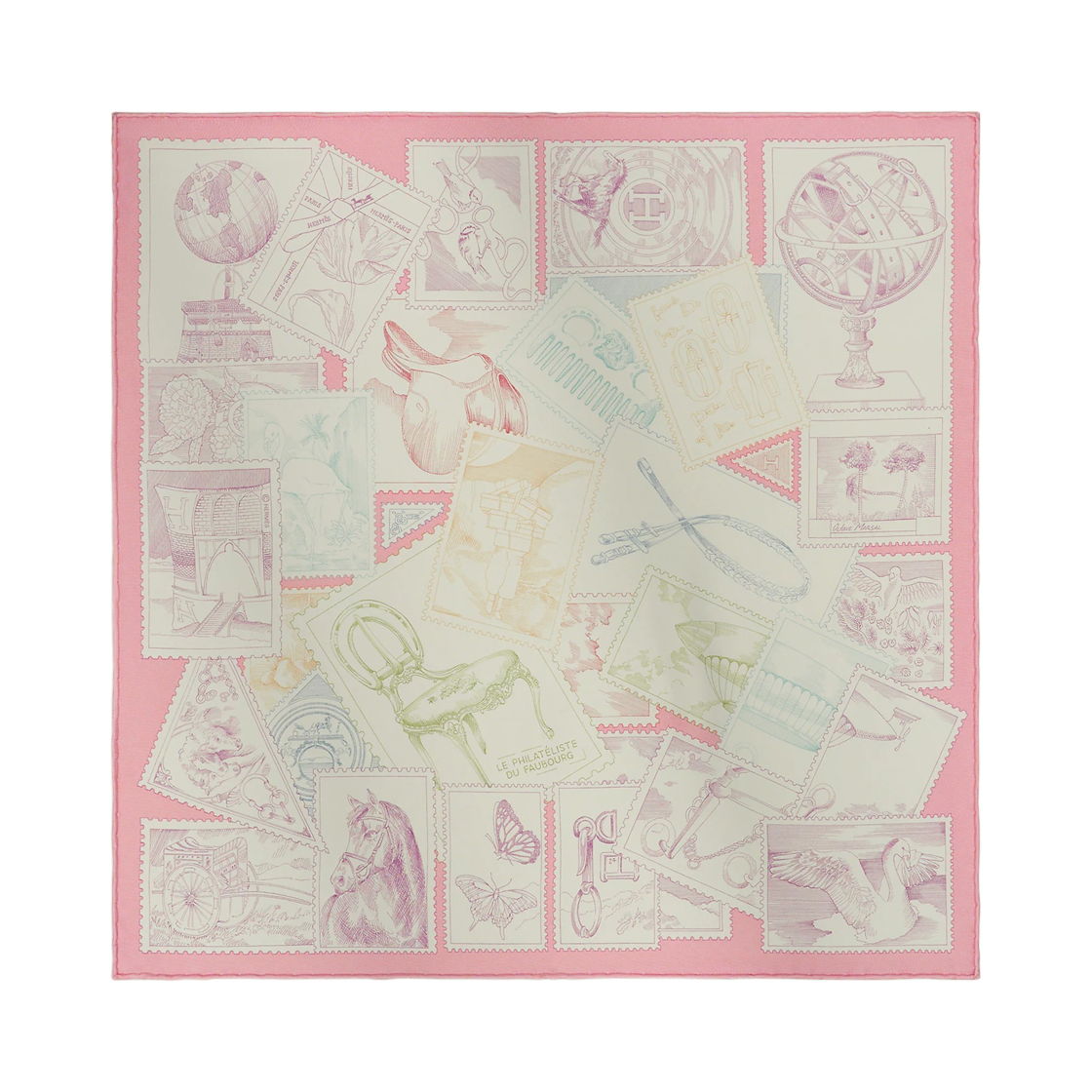 (W) 에르메스 르 필라뗄리스트 뒤 포부르 스카프 45 실크 트윌 & 로즈 크렘 모브((W) Hermes Le Philateliste Du Faubourg Scarf 45 Silk Twill & Rose Creme Mauve) - 1