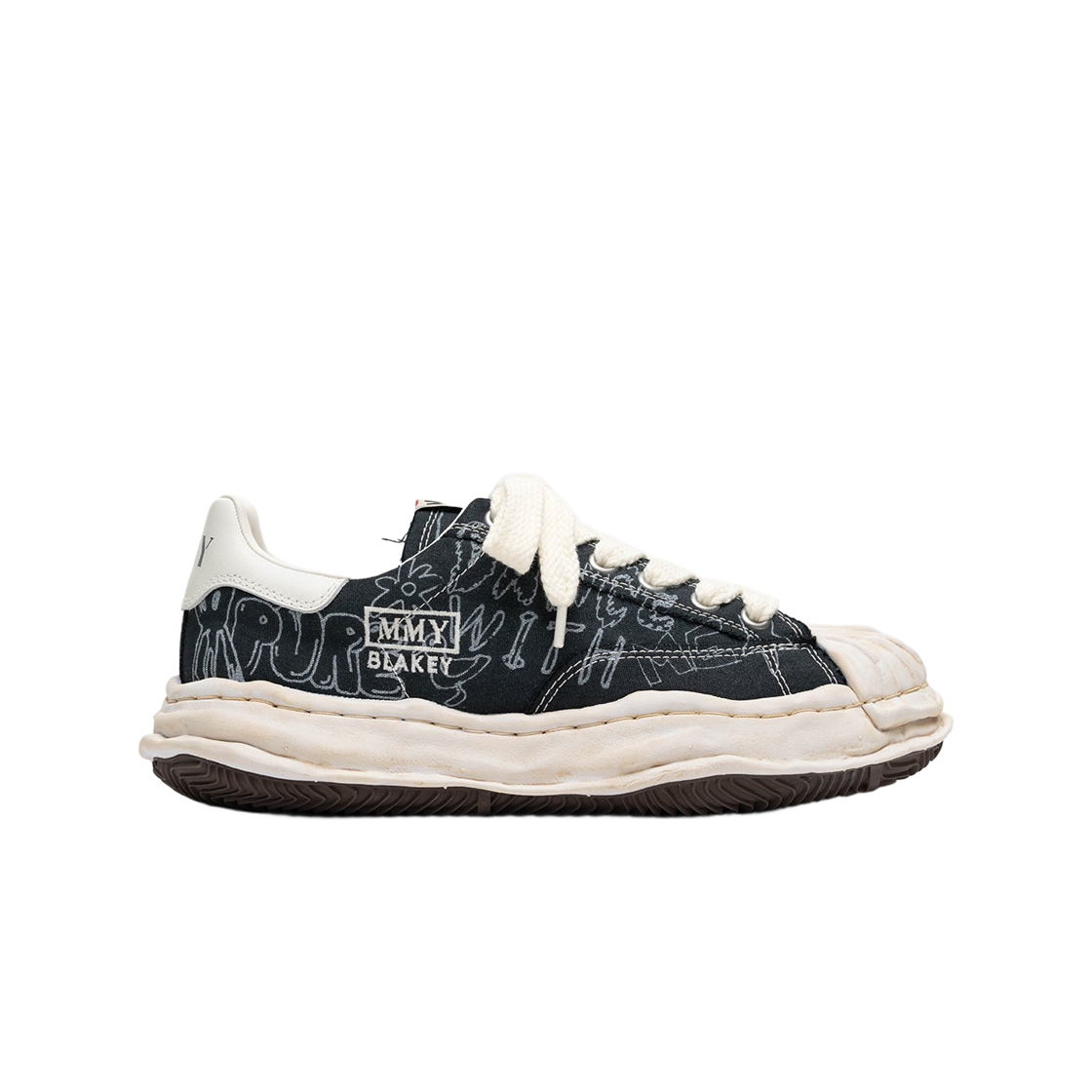 메종 미하라 야스히로 블레이키 OG 솔 그래피티 프린티드 캔버스 로우탑 스니커즈 블랙(Maison Mihara Yasuhiro Blakey OG Sole Graffiti Printed Canvas Low-Top Sneakers Black)