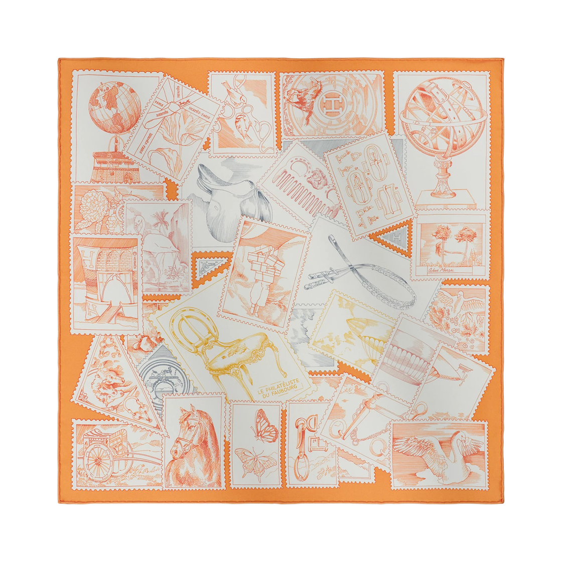 (W) 에르메스 르 필라뗄리스트 뒤 포부르 스카프 45 실크 트윌 & 오랑쥬 퀴 블랑 그리((W) Hermes Le Philateliste Du Faubourg Scarf 45 Silk Twill & Orange Cuit Blanc Gris) - 1