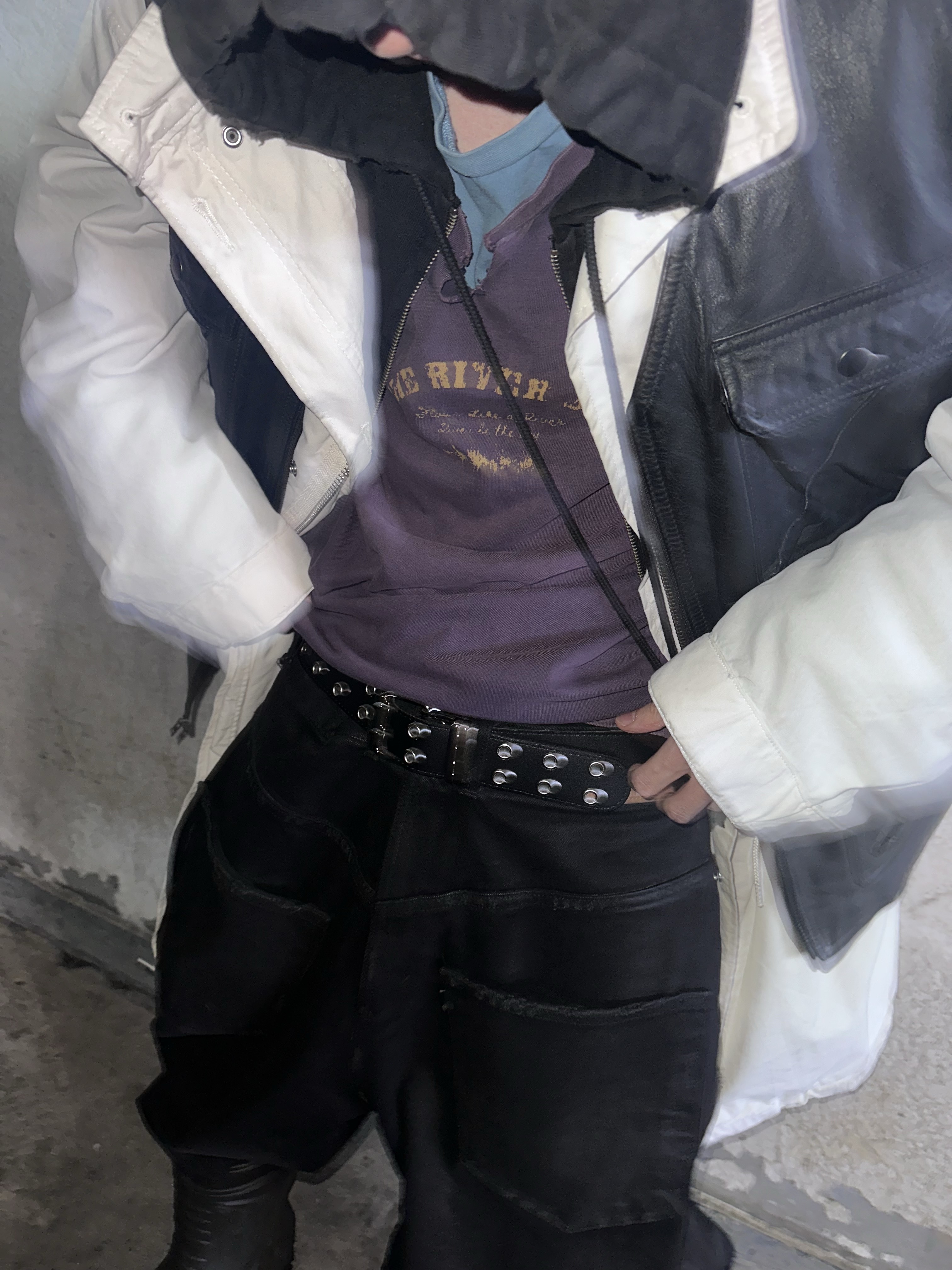 Project G/R Coated Backward Denim Pants Black, Project G/R Distressed Layer Zip Hoodie Faded Black 착용 스타일 - 2