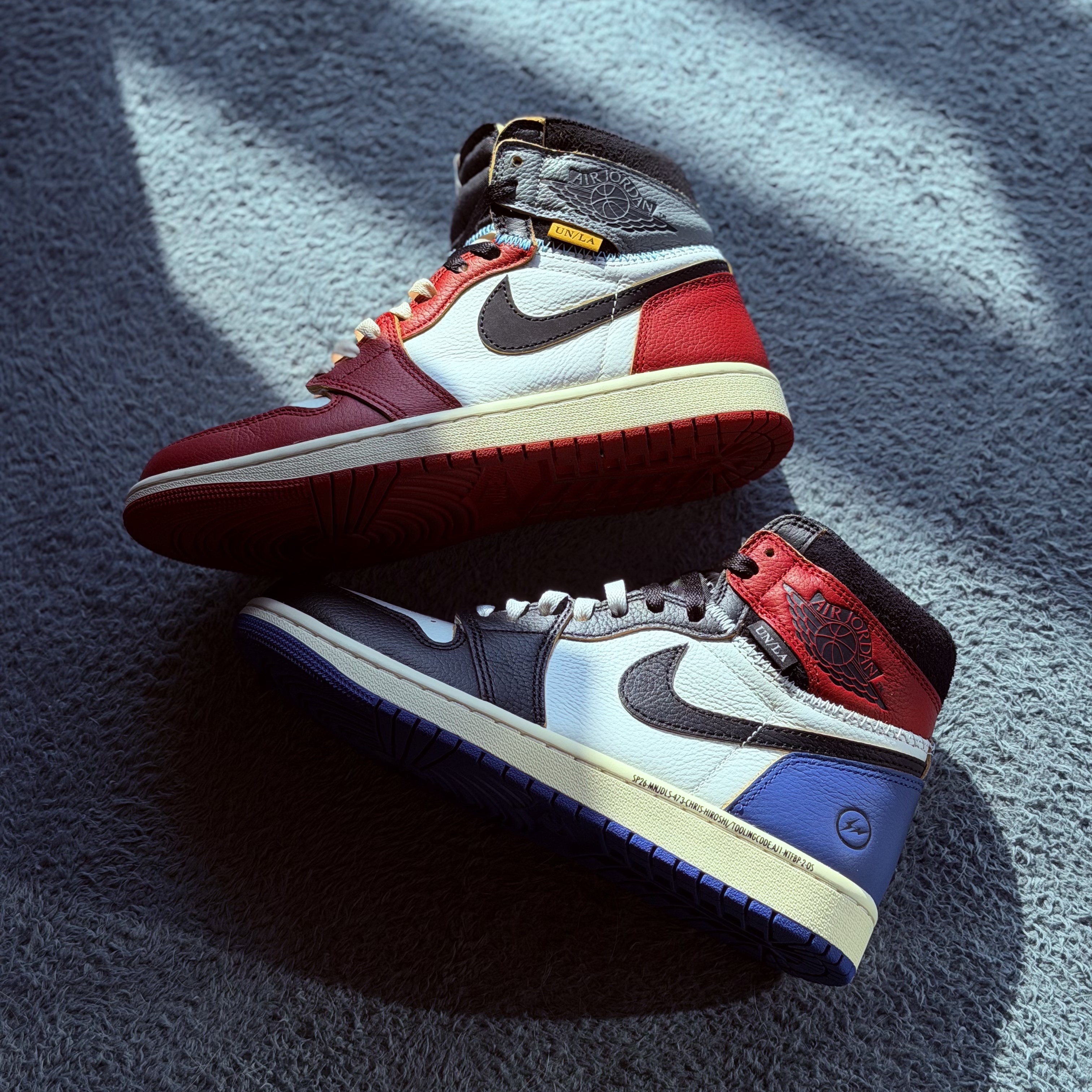 Jordan 1 x Fragment x Union LA Black and Varsity Red, Jordan 1 x Union Retro High OG Chicago Shadow 착용 스타일