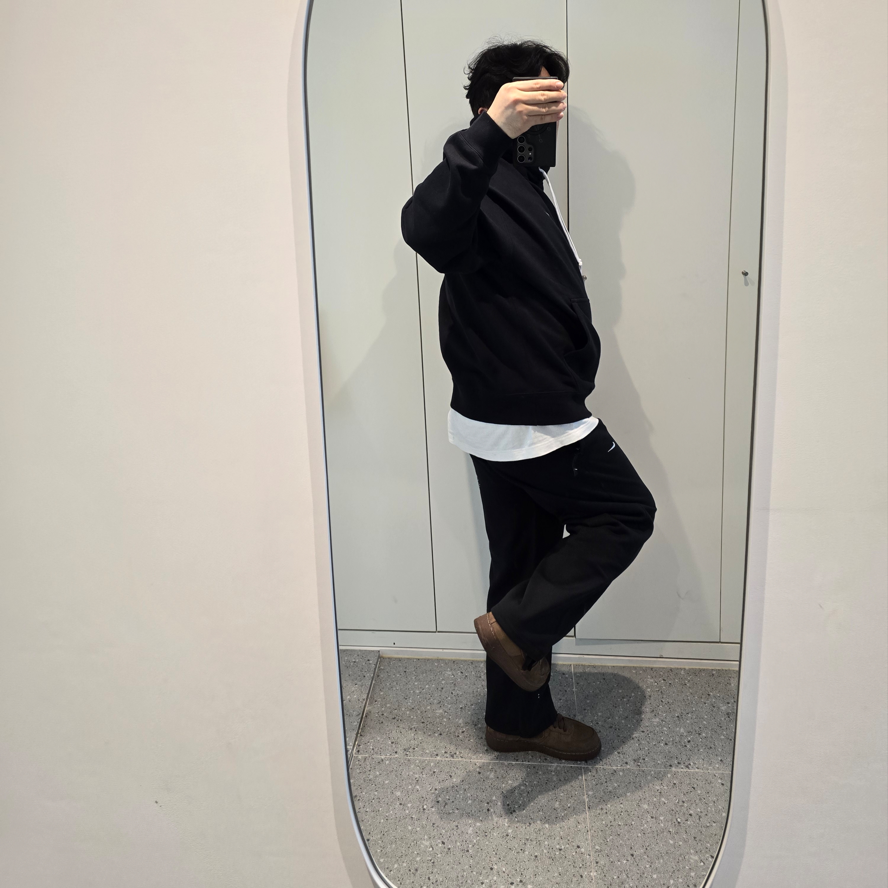 Nike Solo Swoosh Fleece Pullover Hoodie Black - Asia, Nike NSW Swoosh Open Hem Fleece Pants Black - Asia 착용 스타일 - 6