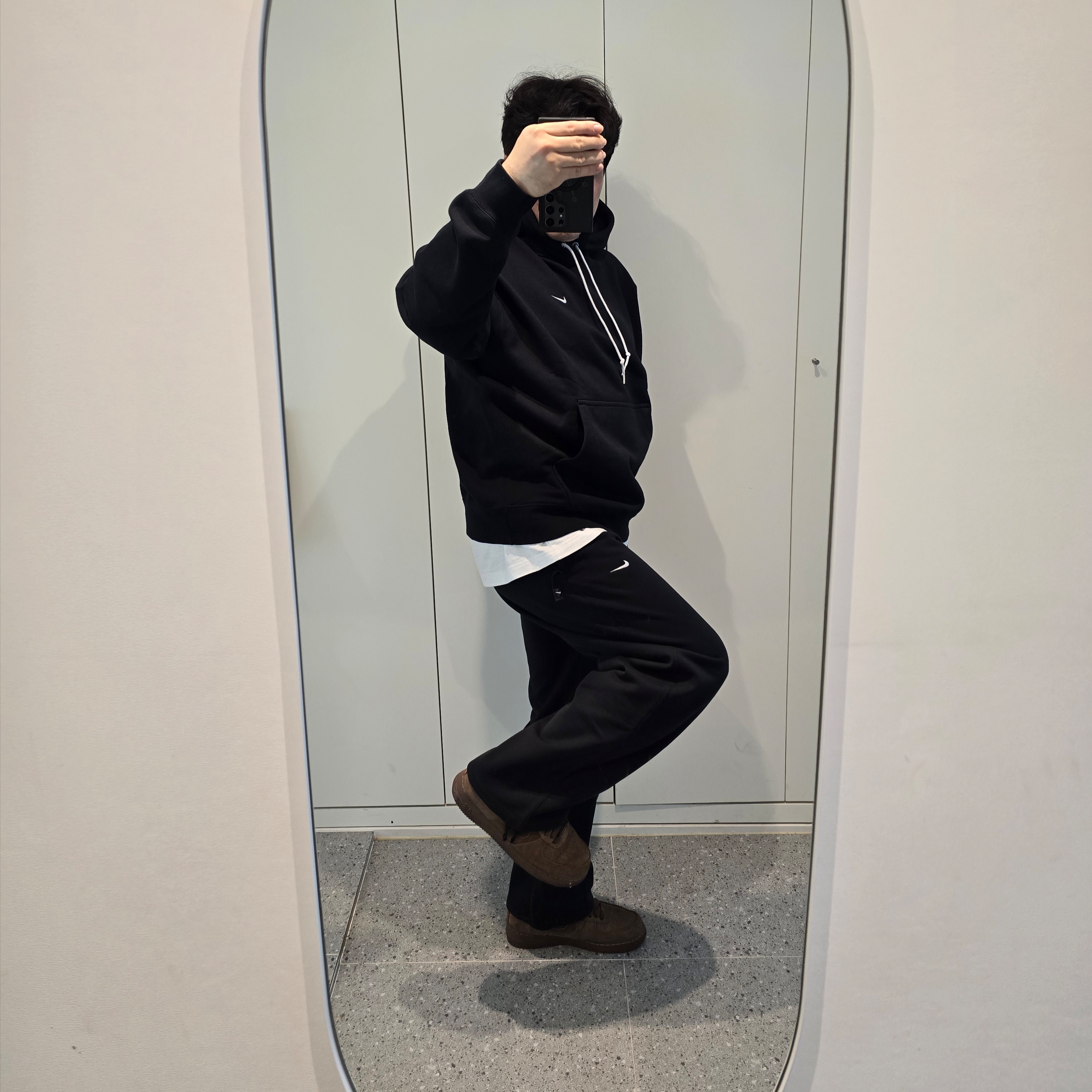 Nike Solo Swoosh Fleece Pullover Hoodie Black - Asia, Nike NSW Swoosh Open Hem Fleece Pants Black - Asia 착용 스타일 - 5