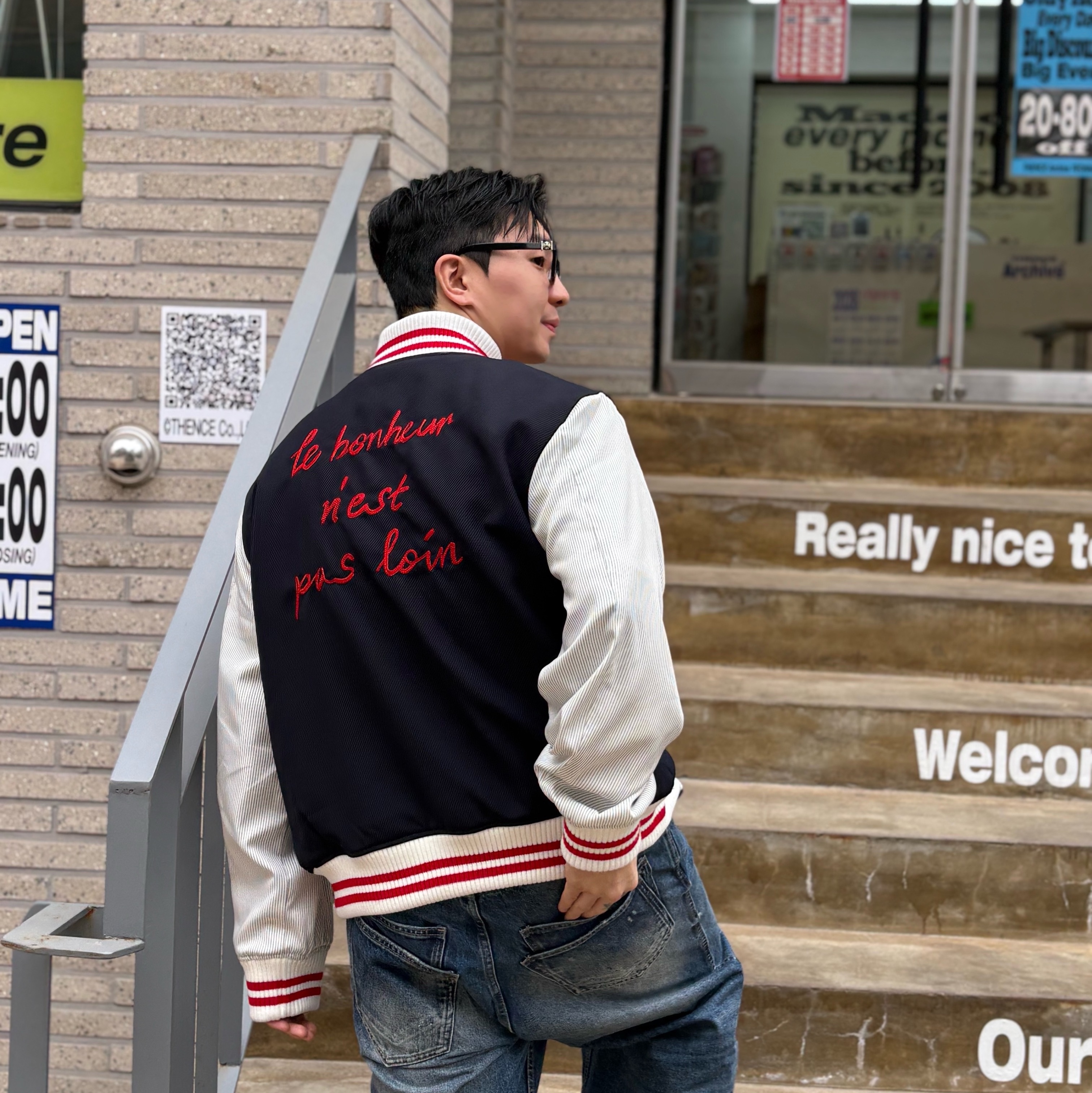STU Embroidery Wool Stripe Varsity Navy, Nonnod Double pocket Japanese Denim Mid Blue 착용 스타일 - 4