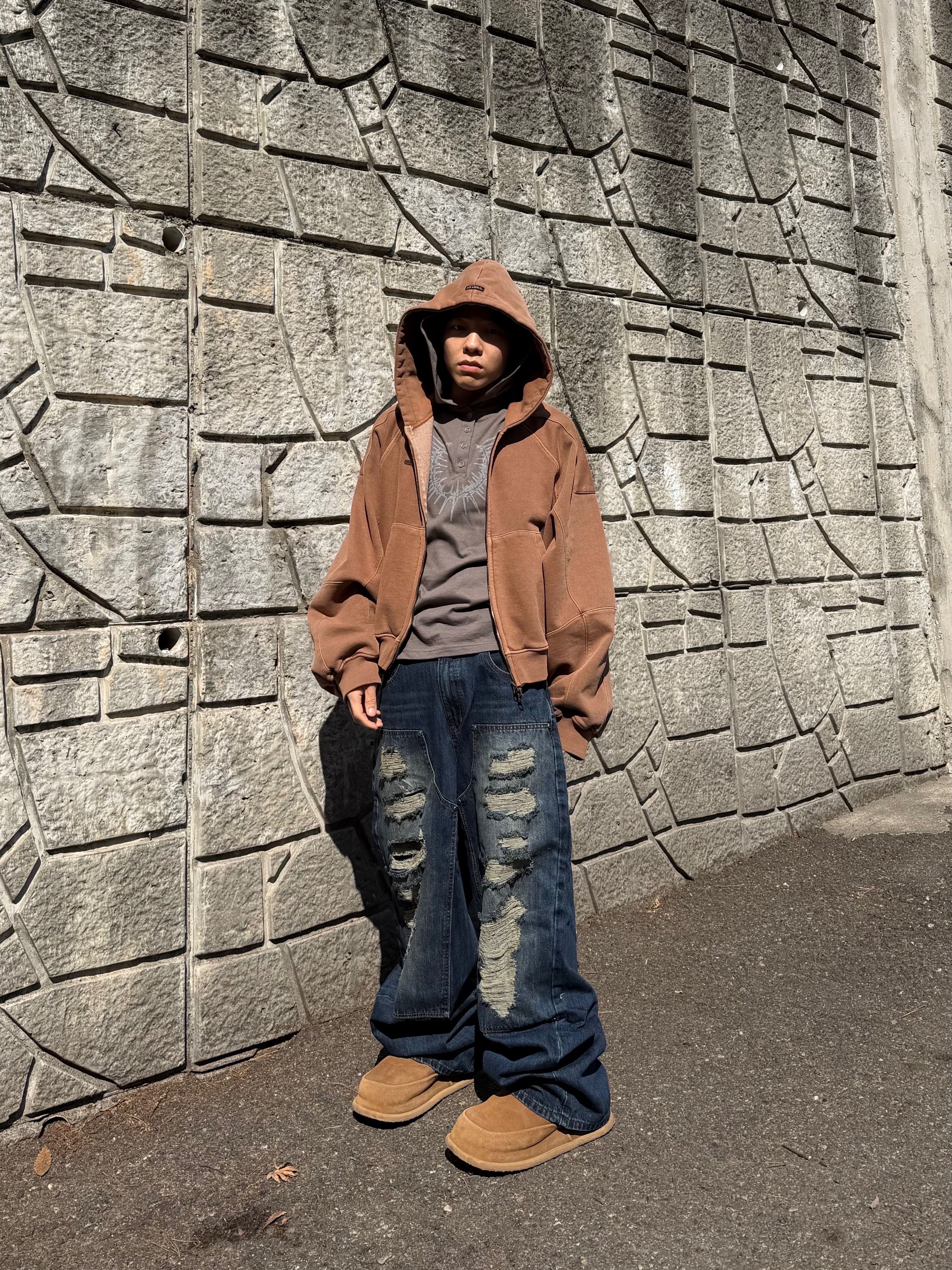 Ajobyajo Vintage Pigment Zip-Up Hoodie Mocha, NONPARKING X kinchi N Road Boots Brown 착용 스타일 - 1
