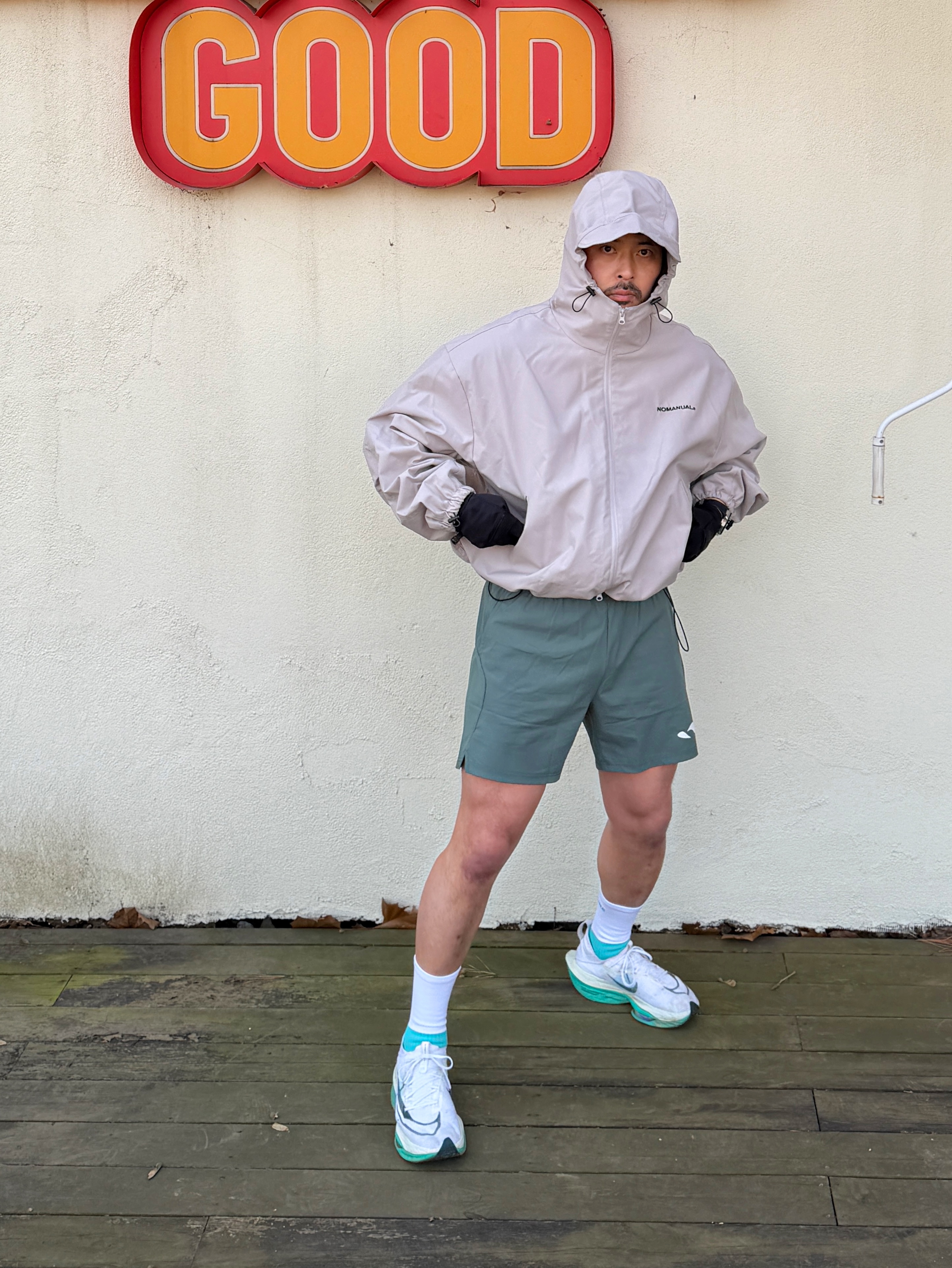 Nike Air Zoom Alphafly Next% 2 White Clear Jade, NOMANUAL Penon Wind Shell Warm Gray 착용 스타일 - 6