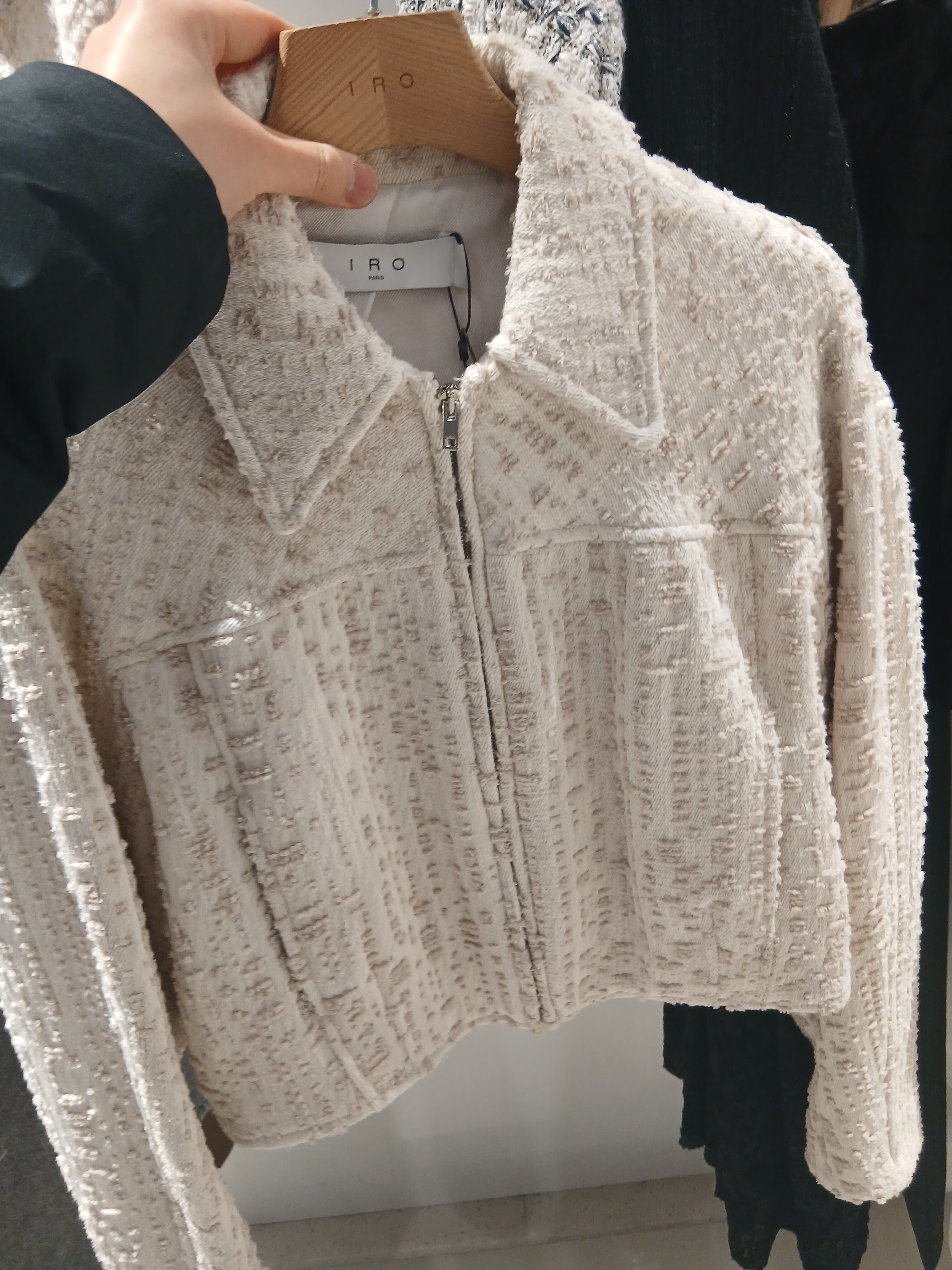 (W) Iro Hortense Short Draped Tweed Skirt Black, (W) Iro Shavani Cotton Jacket Grey 착용 스타일 - 4