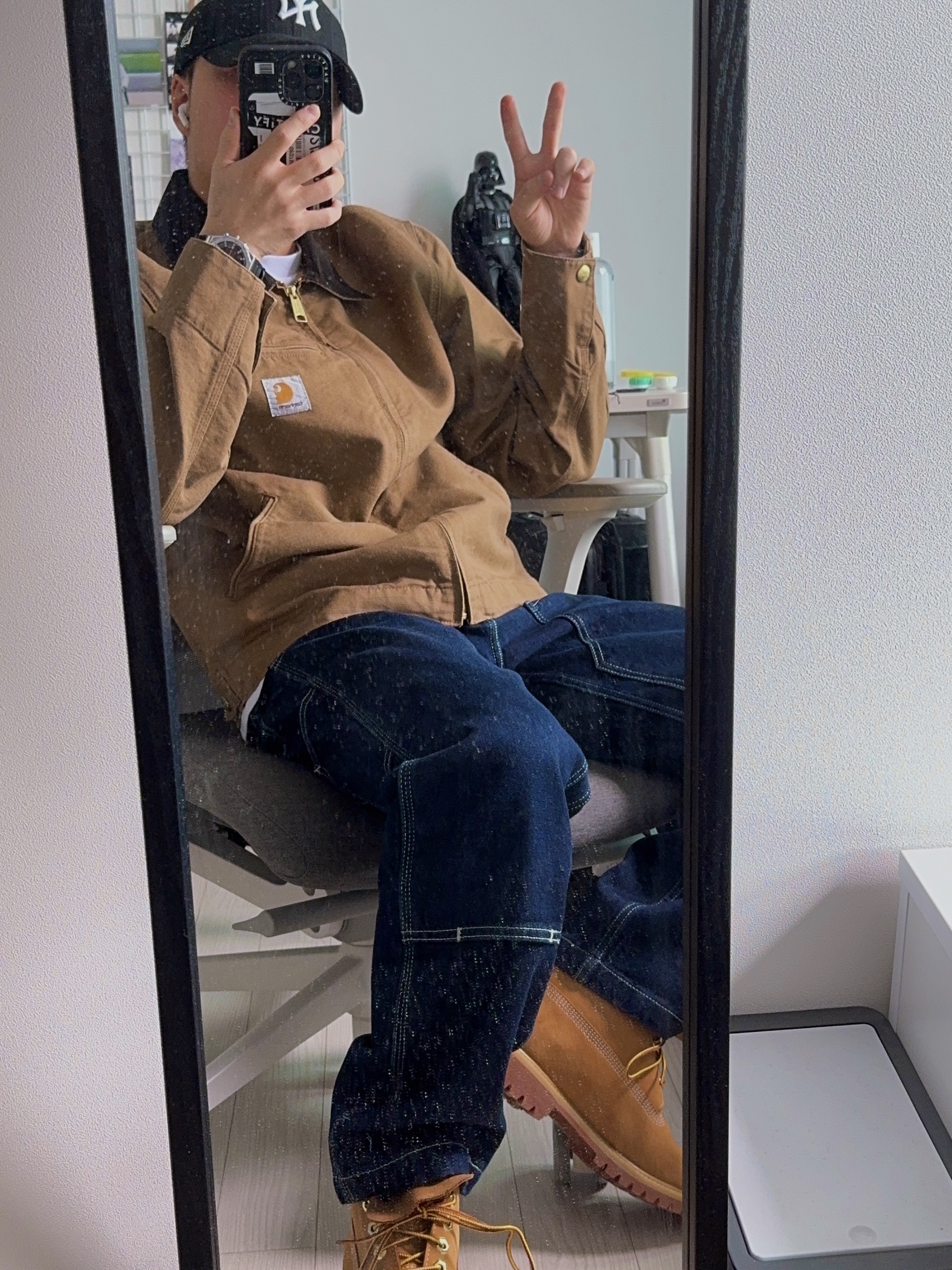 Carhartt WIP Detroit Jacket Hamilton Brown Tobacco, Timberland Premium 6 inch Waterproof Boot Wheat Nubuck - Wide 착용 스타일
