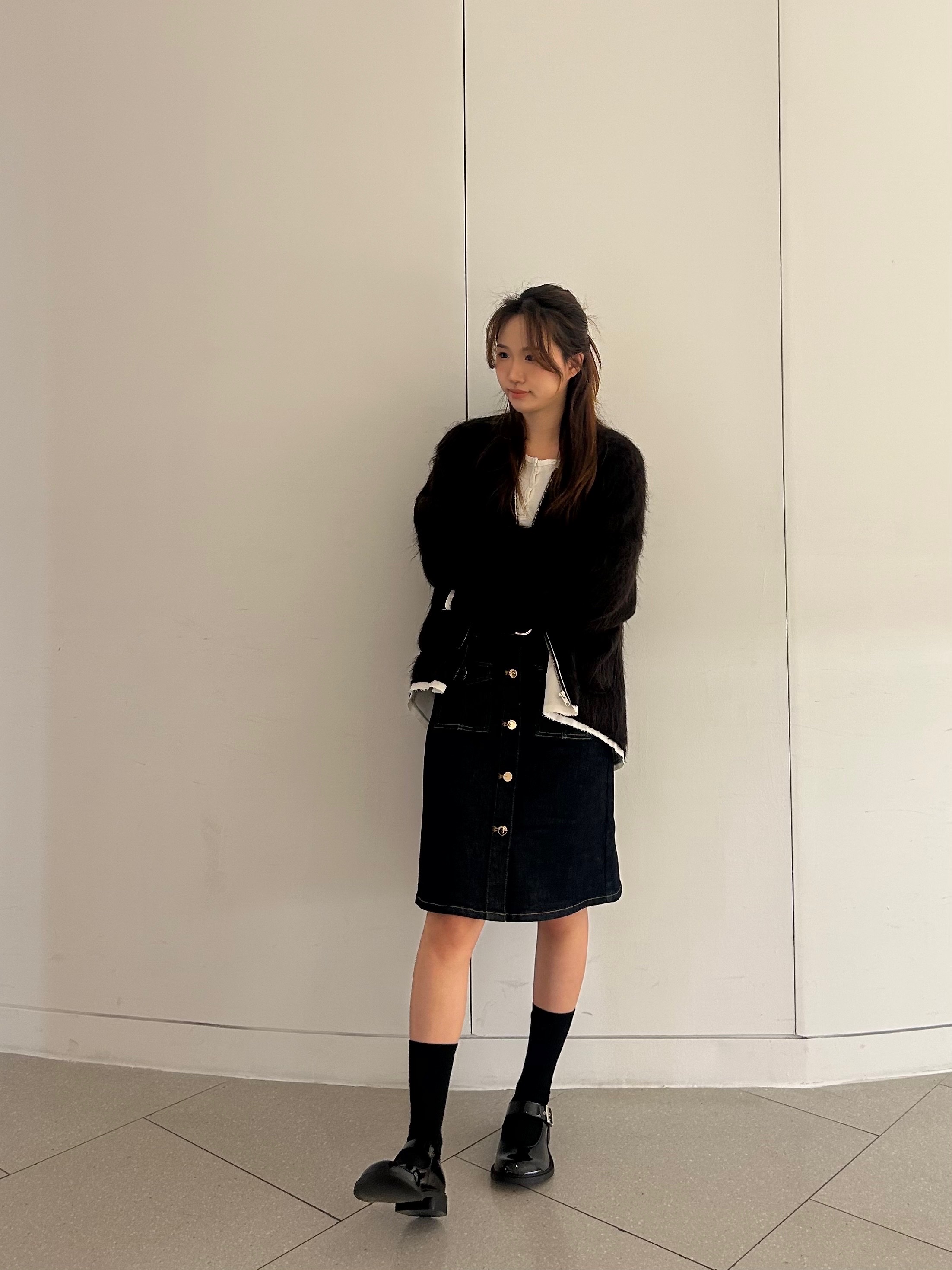 Self Portrait Women Denim Belted Midi Skirt Indigo - 25FW 착용 스타일 - 1