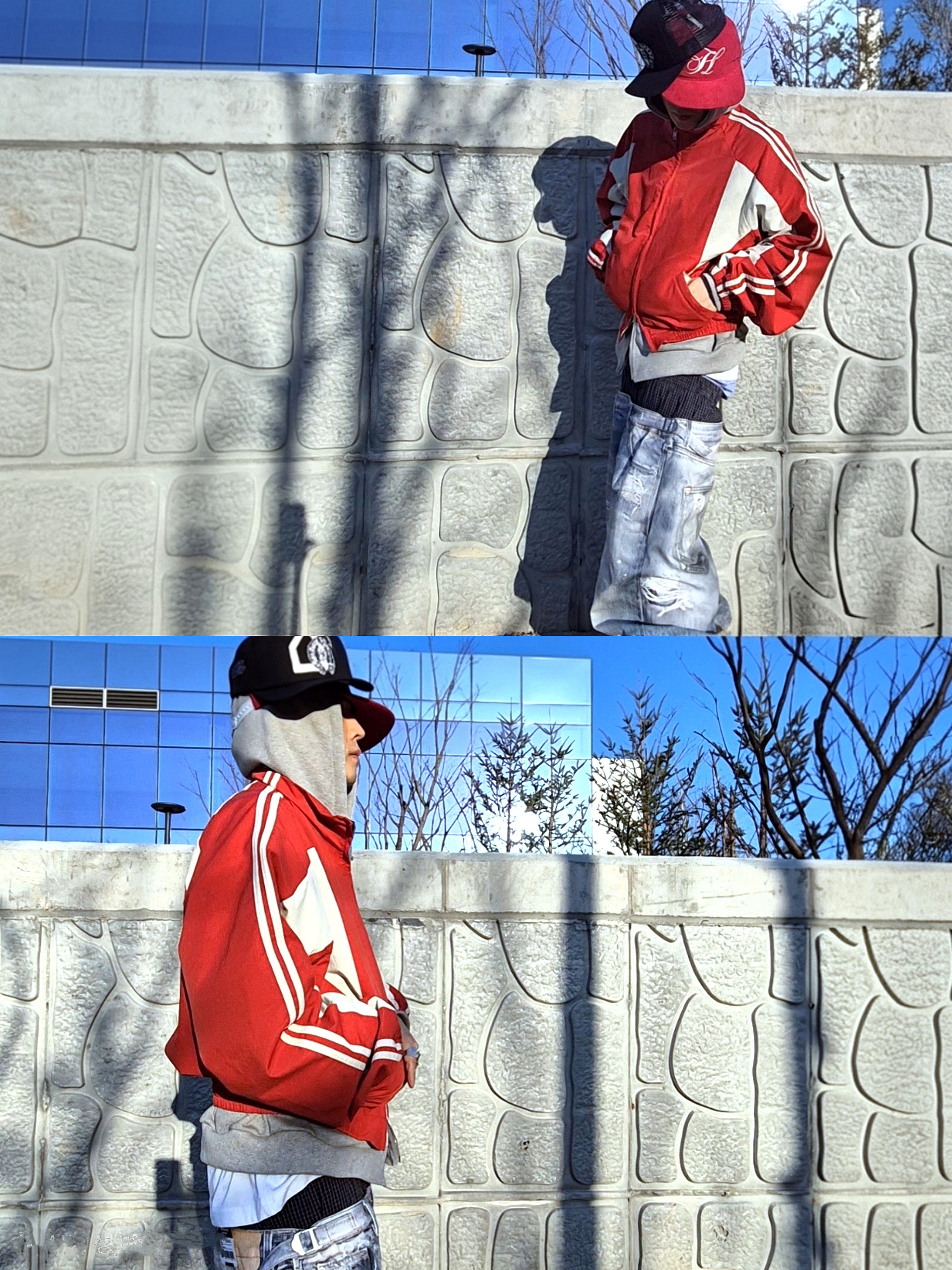 Hommless Corduroy H Logo 5 Panel Hat Red, ROARINGRAD 26 Crop Track Jacket Red 착용 스타일