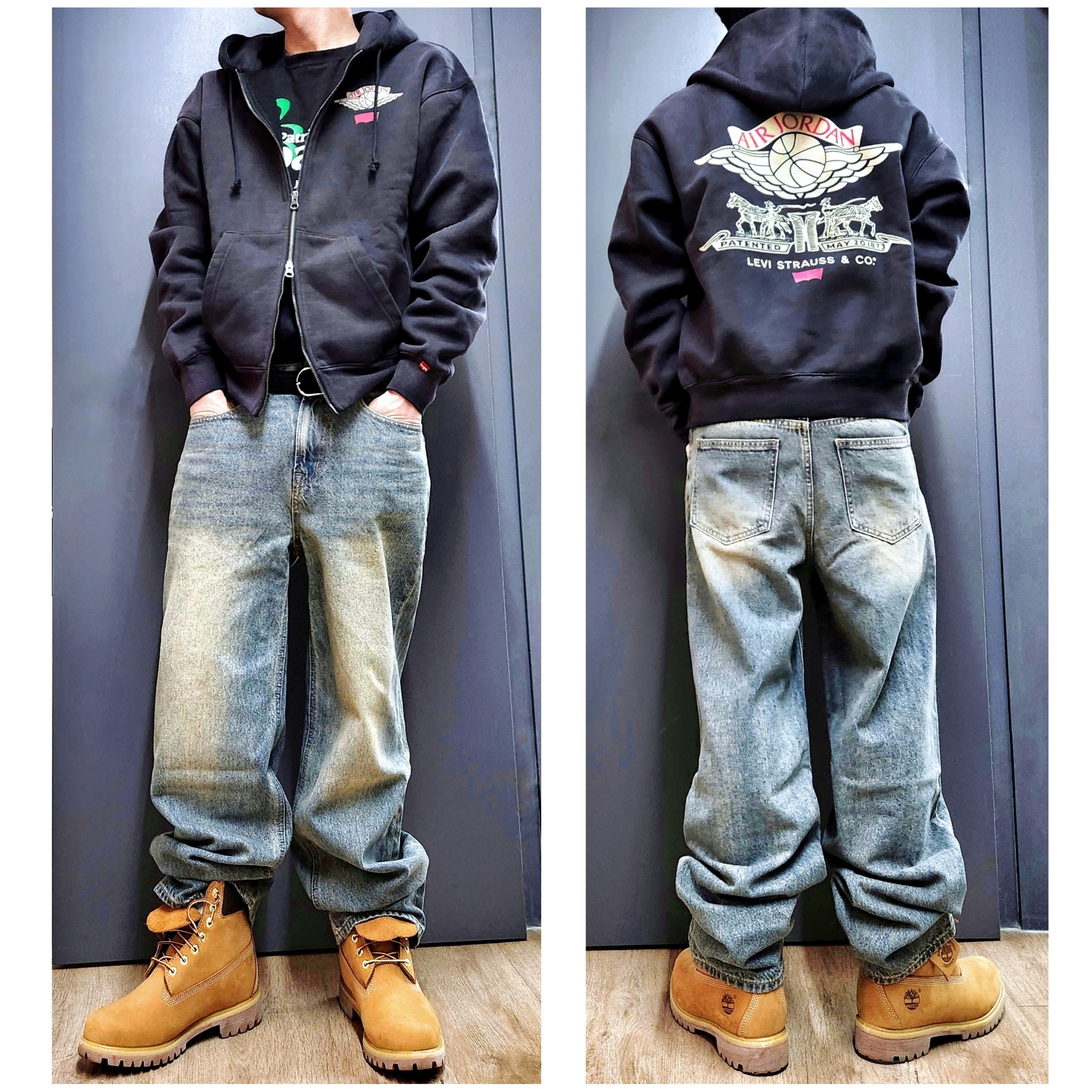 Levi's x Jordan Type III Trucker Black, Jordan x Levi's Full Zip Hoodie Black (IM6734-010) 착용 스타일 - 3